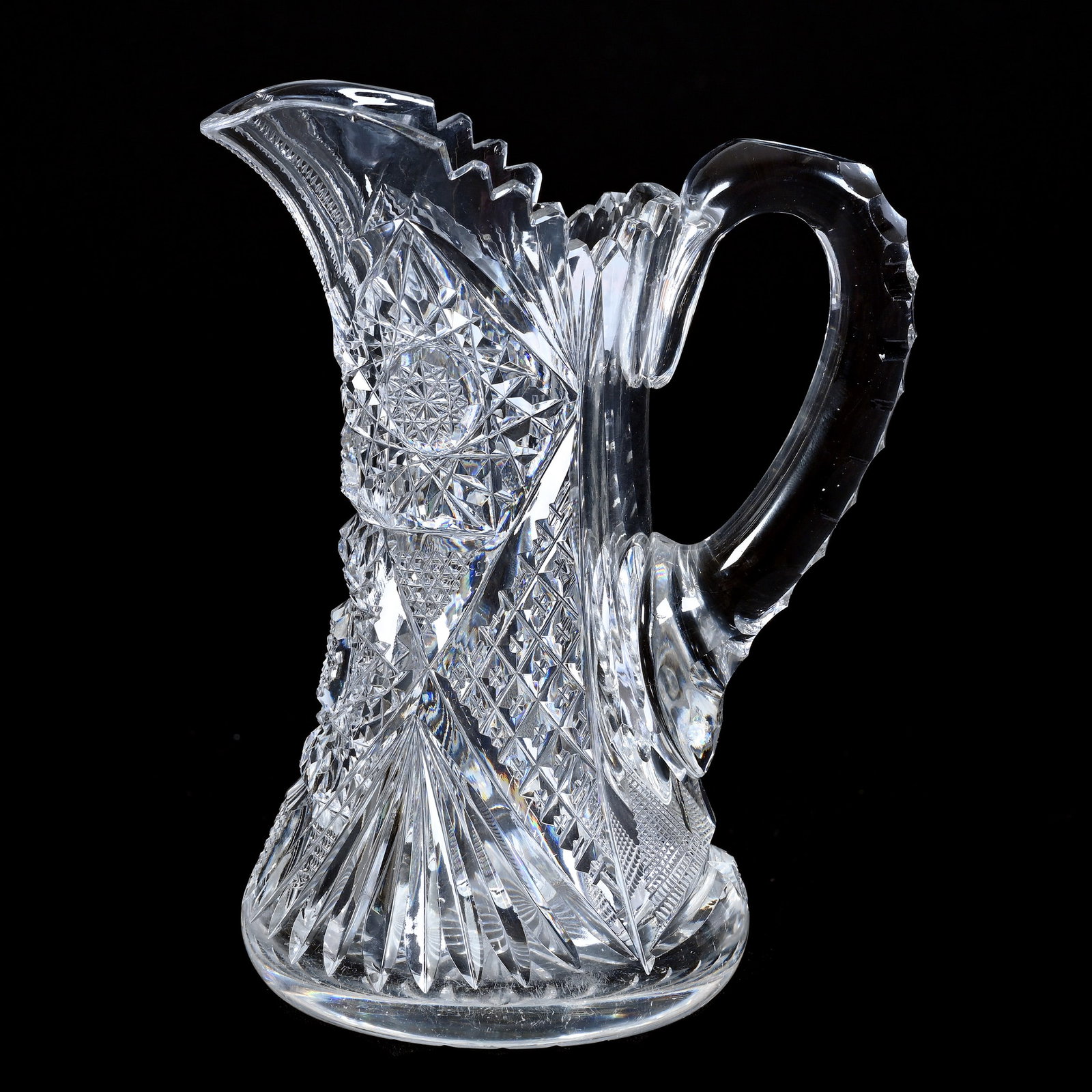 Cream Pitcher, ABCG, Hobstar, Crosscut Diamond, Strawberry Diamond, Nailhead Diamond & Fan Motif: Cream Pitcher, American Brilliant Cut Glass, Hobstar, Crosscut Diamond, Strawberry Diamond, Nailhead Diamond & Fan Motif, 6.75" x 5.25", Triple Notched Handle, Ray Base, Tooth Nick, Jack And Francis W
