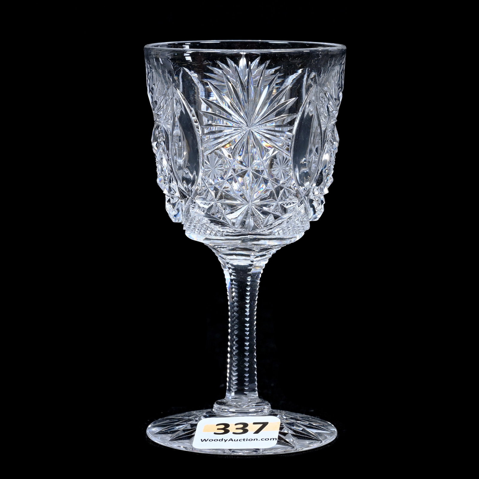 Wine Stem, ABCG, Grecian Pattern By Hawkes, Hobstar Foot, Notched Stem - Clear Blank: Wine Stem, American Brilliant Cut Glass, Grecian Pattern By Hawkes, Hobstar Foot, Notched Stem - Clear Blank, 4" x 2", Collection Of The Late Richard Byrne, NY.
