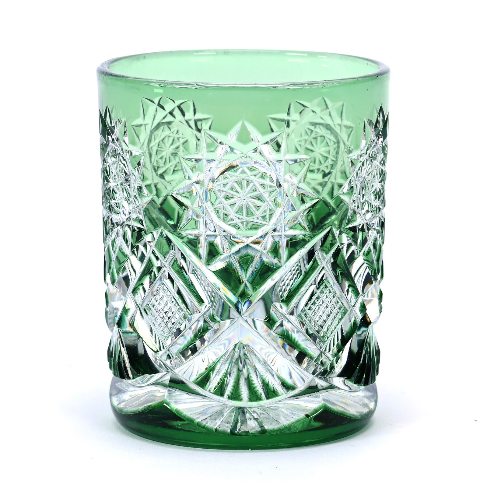Whiskey Tumbler, BPCG, Green Cut To Clear, Pattern #3863 By Val St. Lambert, Circa 1908 (1 of 2)