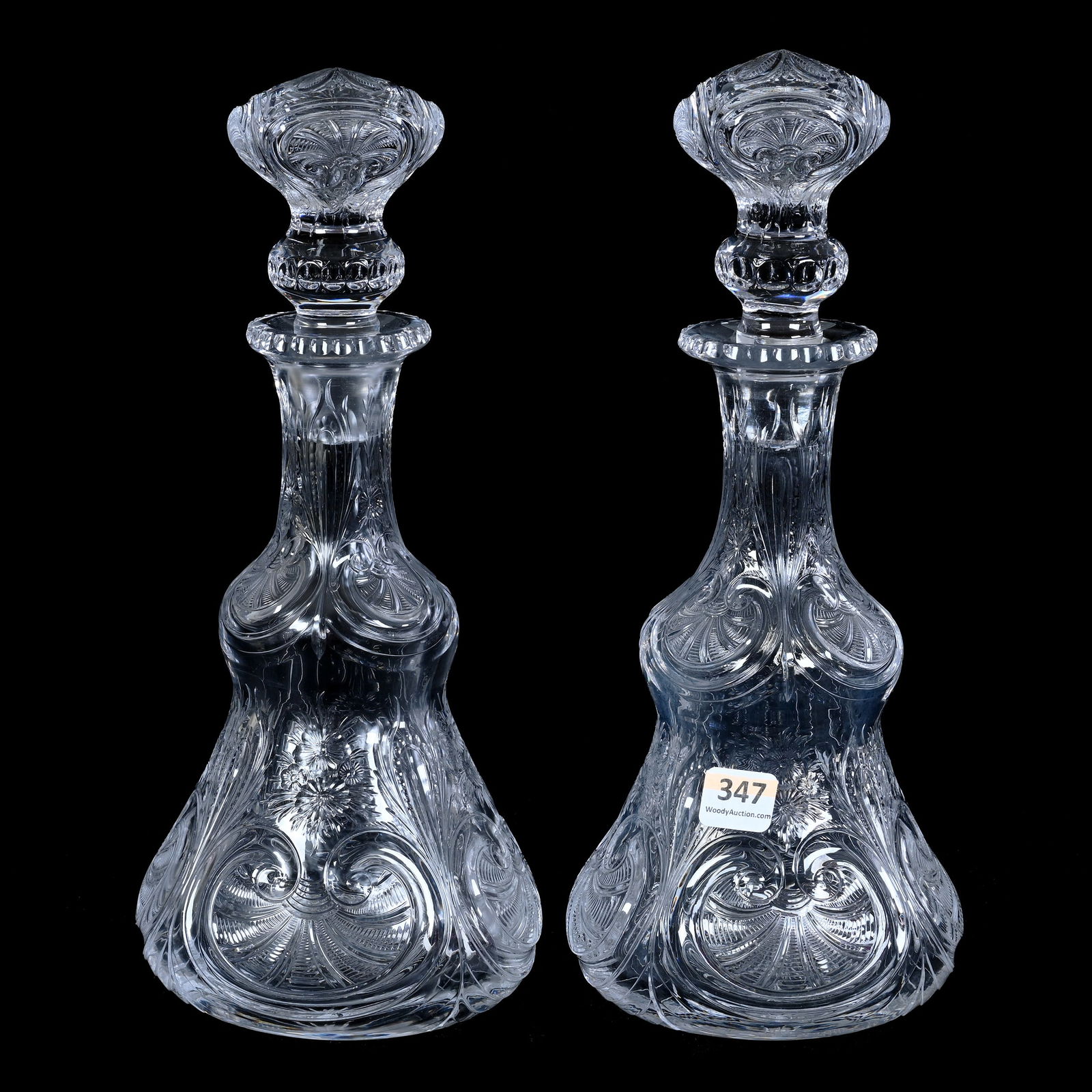 (2) Decanters, ABCG, Rock Crystal Engraved Shell, Scroll & Floral Design By Hawkes (1 of 3)