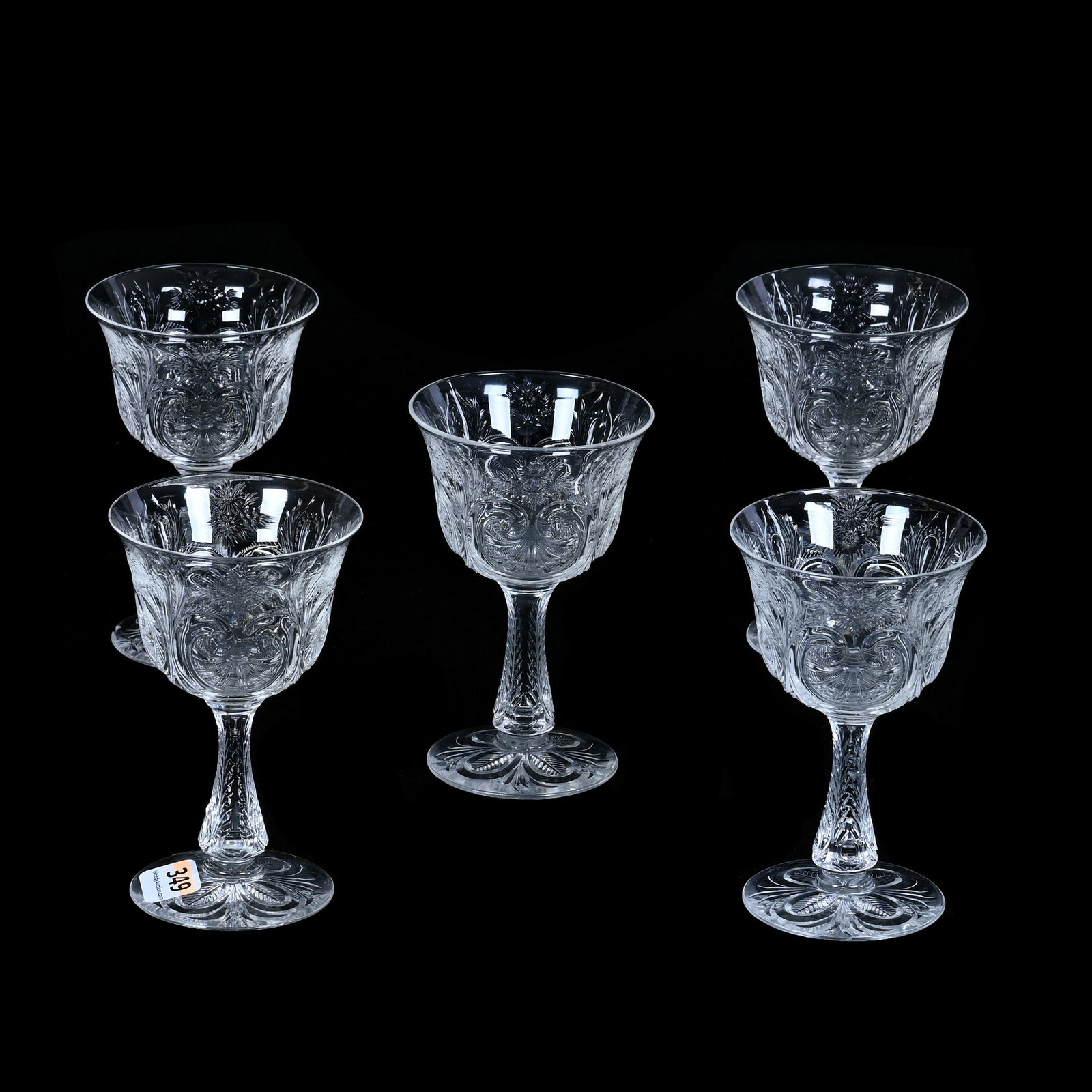 (5) Wine Stems, ABCG, Rock Crystal Engraved Shell, Scroll & Floral Design By Hawkes: (5) Wine Stems, American Brilliant Cut Glass, Rock Crystal Engraved Shell, Scroll & Floral Design By Hawkes, 4.75" x 3", Pattern Engraved Stem & Foot, Matches Lot 347 - One Stem With Base Chip, Collec