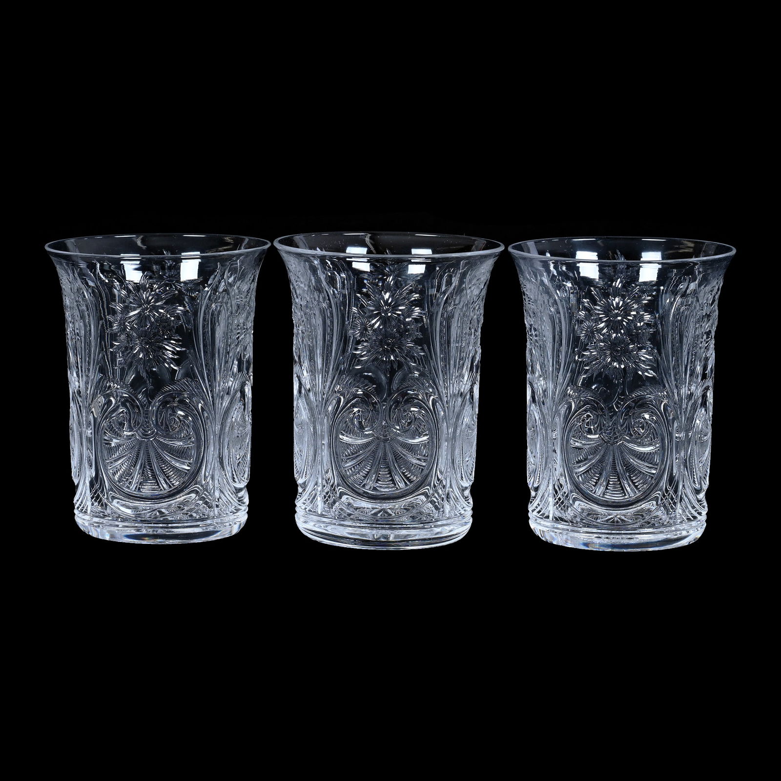 (3) Tumblers, ABCG, Rock Crystal Engraved Shell, Scroll & Floral Design By Hawkes (1 of 3)
