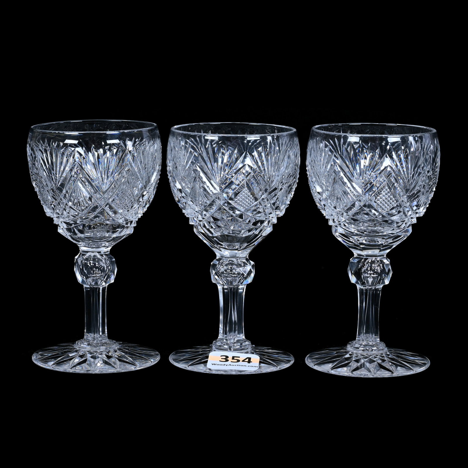 (3) Wine Stems, ABCG, Persian Pattern By Dorflinger - Hobstar Foot - Nice Group!: (3) Wine Stems, American Brilliant Cut Glass, Persian Pattern By Dorflinger - Hobstar Foot - Nice Group!, 4" x 2.25", Collection Of The Late Richard Byrne, NY.