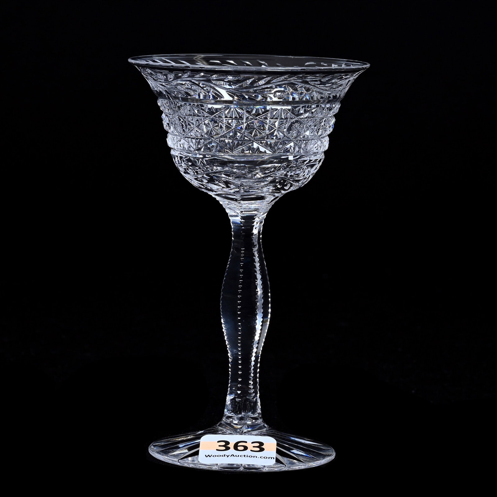 Wine Stem, ABCG, Engraved Laural Wreath & Russian Band Design: Wine Stem, American Brilliant Cut Glass, Engraved Laural Wreath & Russian Band Design, 4.5" x 2.75", Ray Cut Foot, Collection Of The Late Richard Byrne, NY.