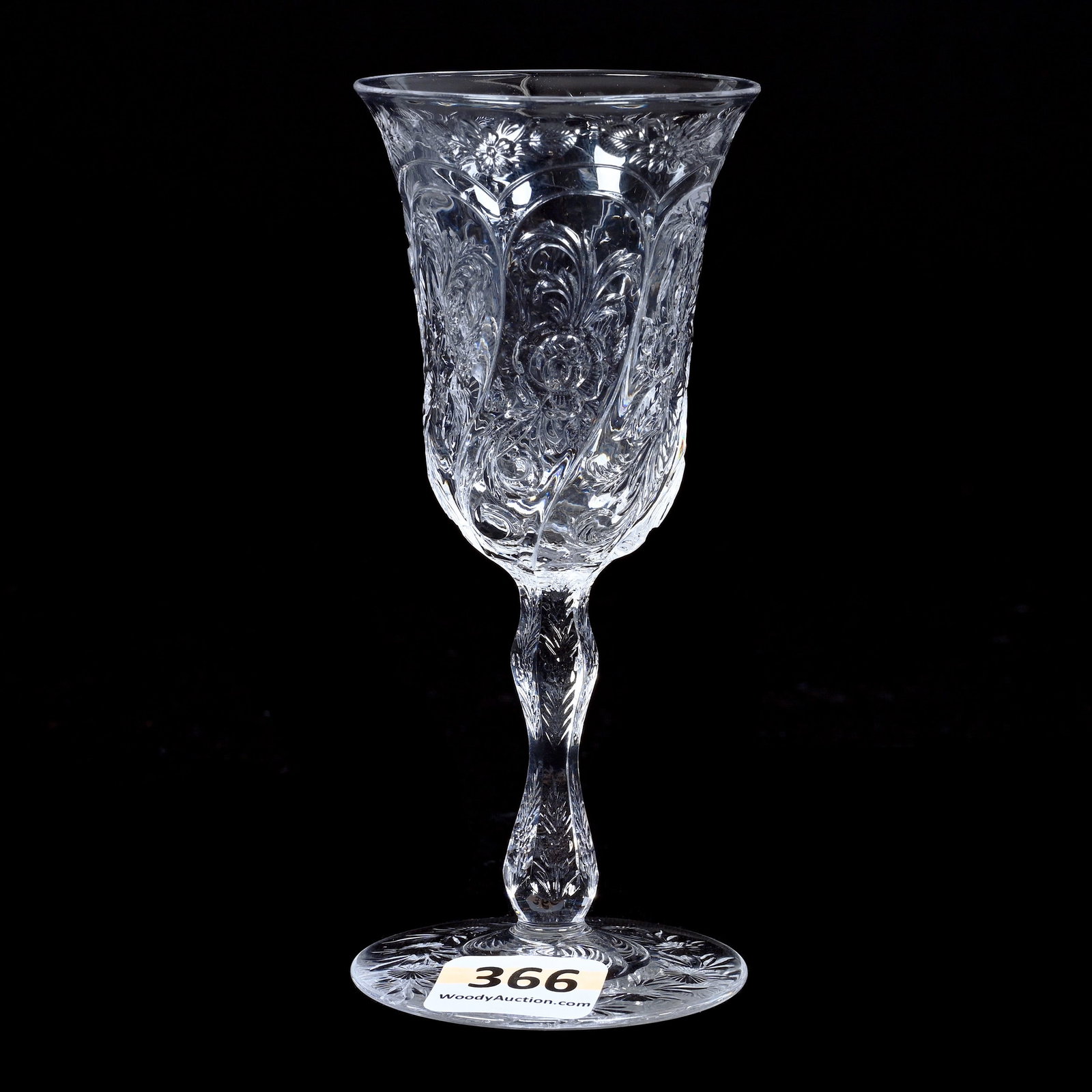 Wine Stem, ABCG, Signed Hawkes Rock Crystal Rococo & Floral Design: Wine Stem, American Brilliant Cut Glass, Signed Hawkes Rock Crystal Rococo & Floral Design, 4.75" x 2", Pattern Engraved Stem & Foot, Collection Of The Late Richard Byrne, NY.