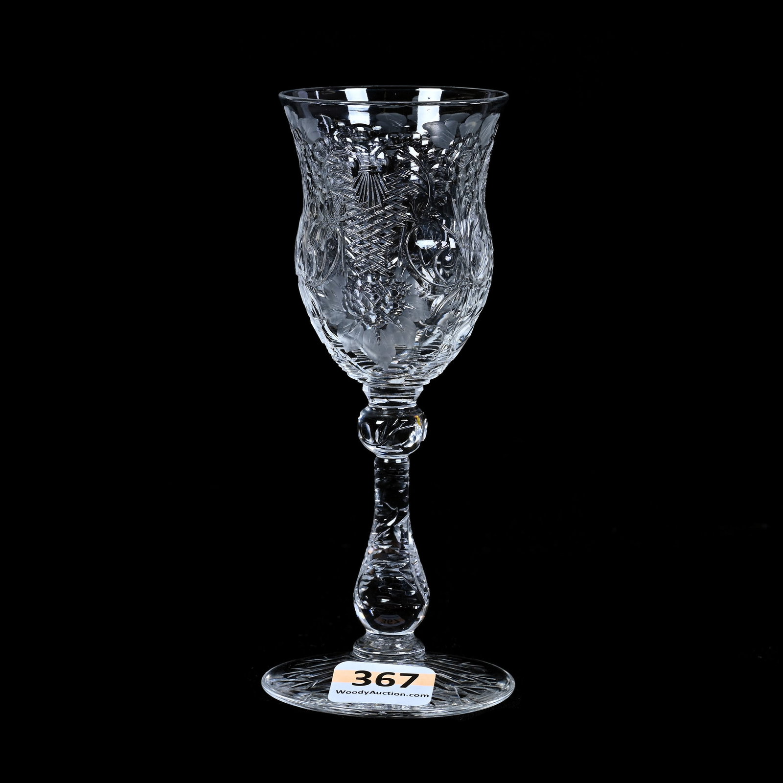 Wine Stem, BPCG, Cut & Engraved Floral & Crosshatch Design Attributed To Webb: Wine Stem, Brilliant Period Cut Glass, Cut & Engraved Floral & Crosshatch Design Attributed To Webb, 5.25" x 2", Pattern Cut Stem & Foot, Collection Of The Late Richard Byrne, NY.