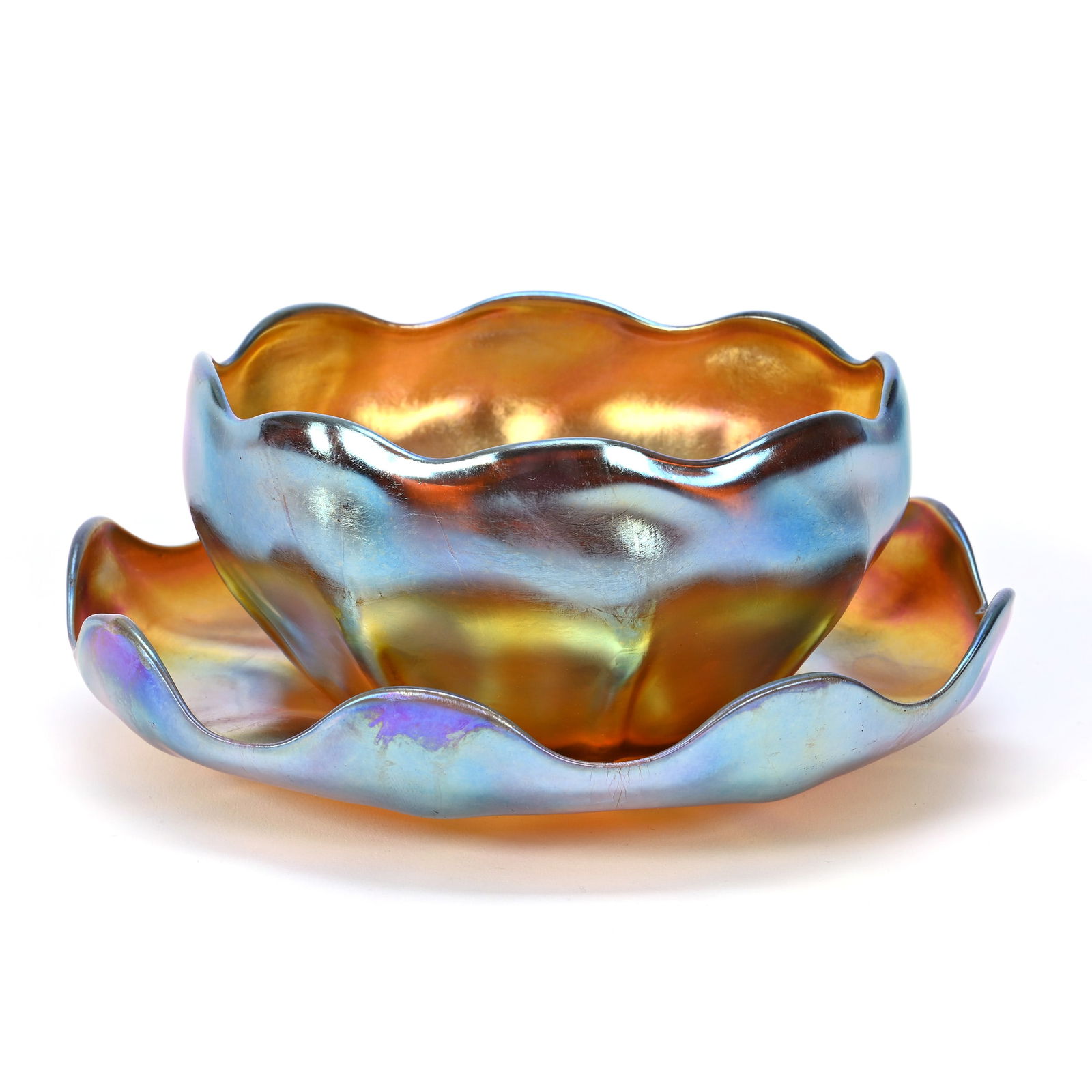 Fingerbowl & Underplate, Signed L.C.T. (Louis Comfort Tiffany) Art Glass, Gold Iridescent (1 of 4)