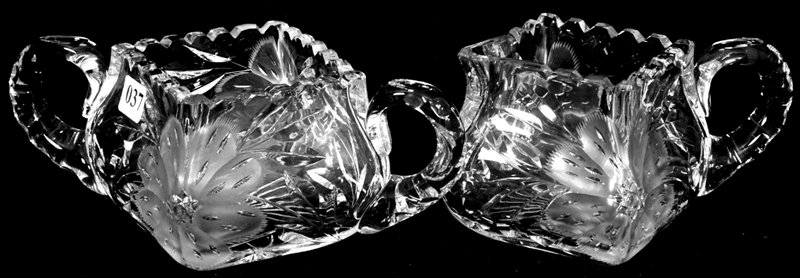 PAIR AMERICAN BRILLIANT CUT GLASS SQUARE SHAPED CRE: PAIR AMERICAN BRILLIANT CUT GLASS SQUARE SHAPED CREAMER AND SUGAR DEEPLY ENGRAVED FLORAL BLOSSOM MOTIF - PLANTATION SIZE