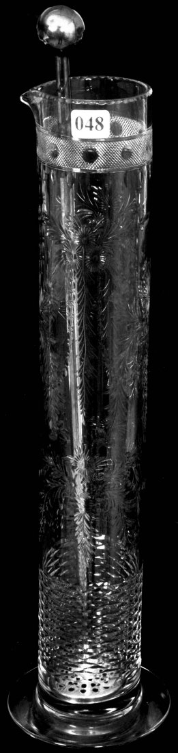 16 1/2" SIGNED HAWKES, AMERICAN BRILLIANT CUT GLASS: 16 1/2" SIGNED HAWKES, AMERICAN BRILLIANT CUT GLASS MARTINI MIXER ENGRAVED FLORAL & GARLAND MOTIF - SIGNED HAWKES SILVER STIRRER