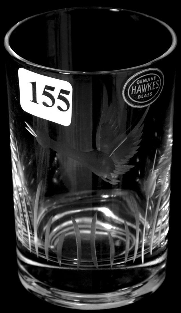 3 1/2" HAWKES CUT GLASS WHISKEY: 3 1/2" HAWKES CUT GLASS WHISKEY ENGRAVED DUCK IN FLIGHT WITH ORIGINAL HAWKES LABEL - MATCHES PREVIOUS LOT