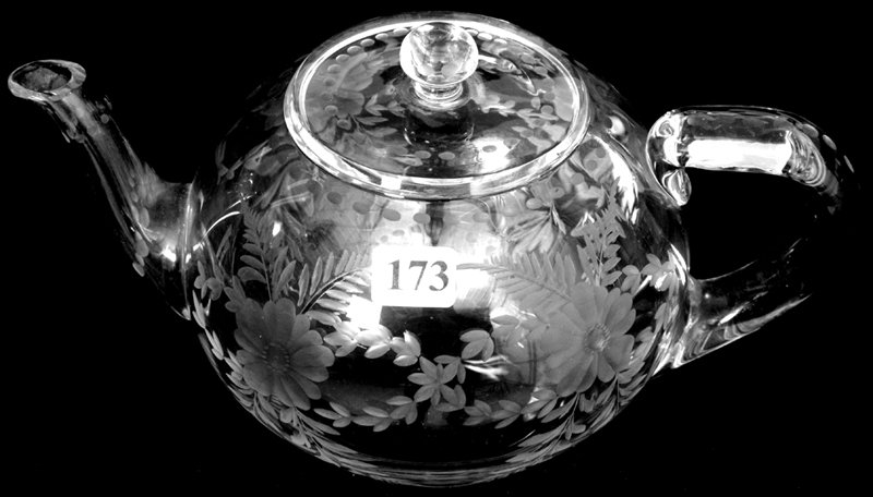 RARE SHAPE 5" X 9" SIGNED SINCLAIR AMERICAN BRILLI: RARE SHAPE 5" X 9" SIGNED SINCLAIRE AMERICAN BRILLIANT CUT GLASS TEAPOT ENGRAVED FLORAL MOTIF - NICE SPOUT - please note: the body of the teapot has a hard to see crack at the handle attach point.