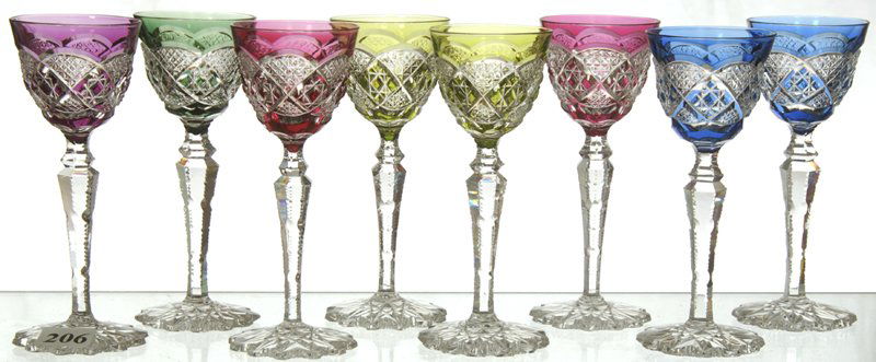 (8) 5 1/8" COLORED CUT TO CLEAR CORDIAL GLASSES: (8) 5 1/8" COLORED CUT TO CLEAR CORDIAL GLASSES BLOCK AND DIAMOND MOTIF WITH NOTCHED STEM AND SCALLOPED HOBSTAR BASE - COLORS INCLUDE (2) GREEN - (2) BLUE - (2) CRANBERRY - (1) EMERALD - (1) LAVENDER