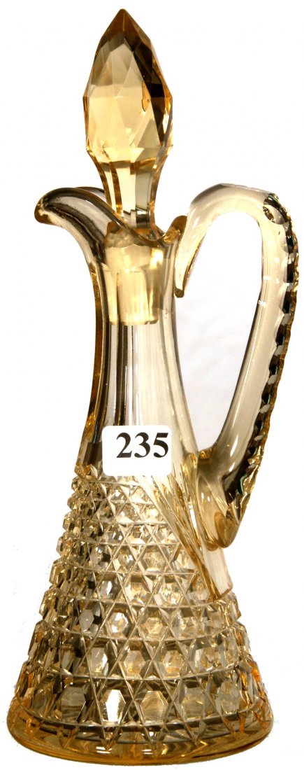 9 1/4" AMERICAN BRILLIANT CUT GLASS SOLID GOLD CRU: 9 1/4" AMERICAN BRILLIANT CUT GLASS SOLID GOLD CRUET BOTTLE HOB DIAMOND MOTIF - MATCHING COLORED STOPPER - MADE BY UNION CUT GLASS