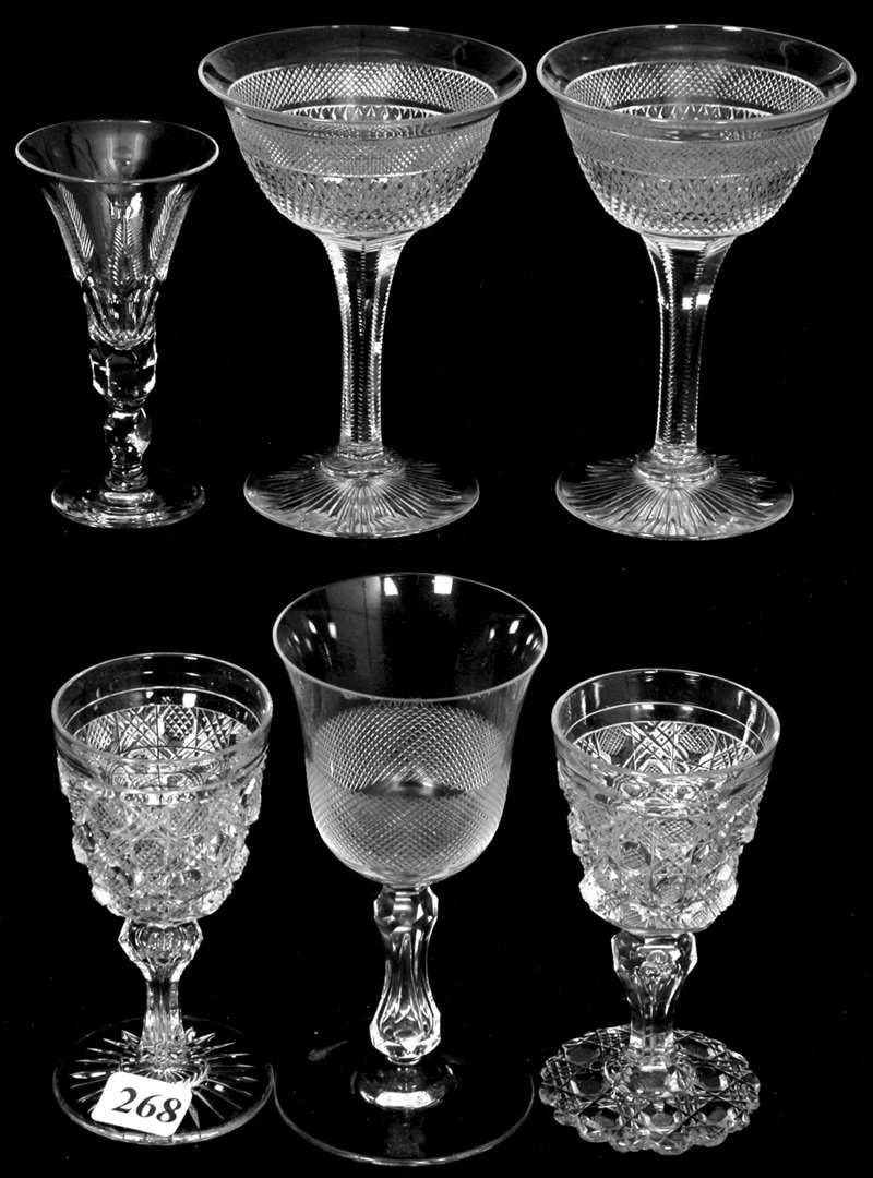 (6) AMERICAN BRILLIANT CUT GLASS STEMS: (6) AMERICAN BRILLIANT CUT GLASS STEMS INCLUDES (2) 4 1/4" TRELLIS PATTERN WINE GLASSES WITH ONE PATTERN CUT FOOT, ONE CLEAR FOOT - (2) 4 1/2" SHERRY GLASSES WITH DIAMOND POINT MOTIF - (1) 5 1/4" WINE