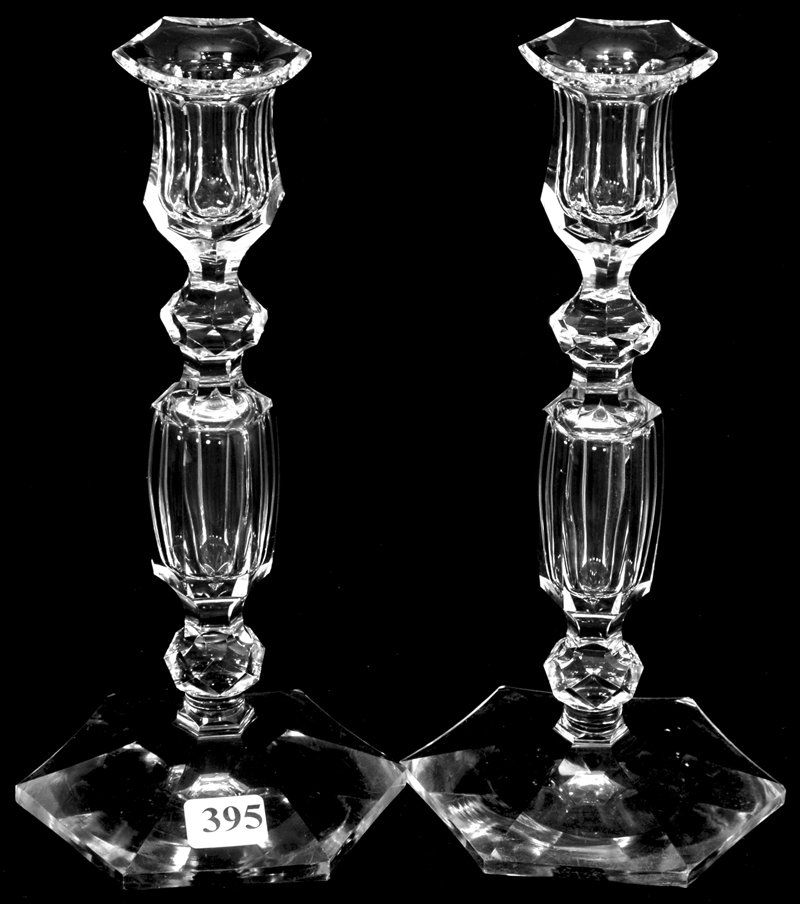 PAIR 9" CUT GLASS SIX-SIDED CANDLESTICK HOLDERS: PAIR 9" AMERICAN BRILLIANT CUT GLASS SIX-SIDED CANDLESTICK HOLDERS HOLLOW STEM - DOUBLE FACET CUT KNOB - "SIBOUR" PATTERN BY VAL ST. LAMBERT AS FEATURED IN ACGA VAL ST. LAMBERT CATALOG REPRINT