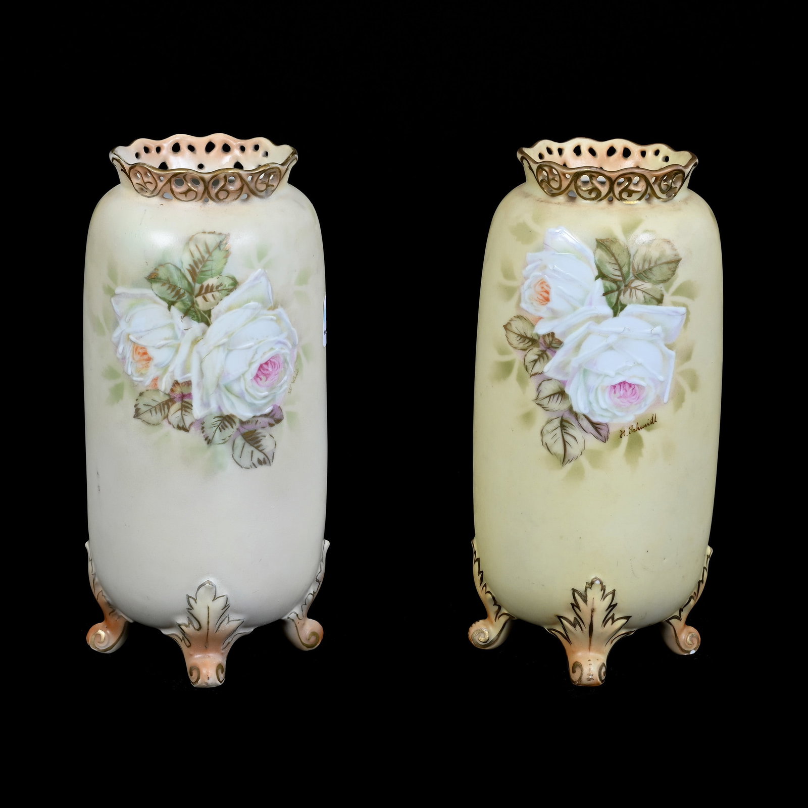 Pair Footed Vases, Royal Bayreuth (Blue Mark) Hand Painted Ivory With White Rose Decor (1 of 4)