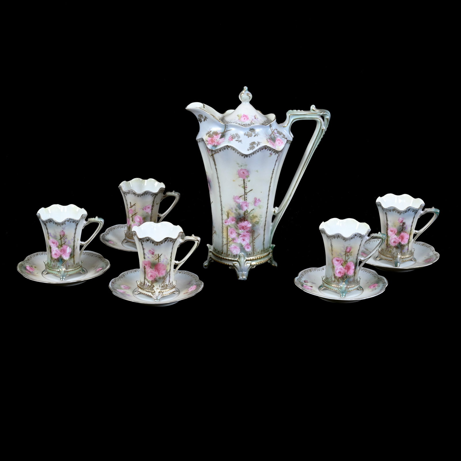 Chocolate Set, Marked RSP, White, Green And Lavender Satin Finish With Pink Rose Decor And Gold: Chocolate Set, Marked RSP, White, Green And Lavender Satin Finish With Pink Rose Decor And Gold Highlights, (4) Matching Chocolate Cups And Saucers, Nice Set, Private Missouri Collection.