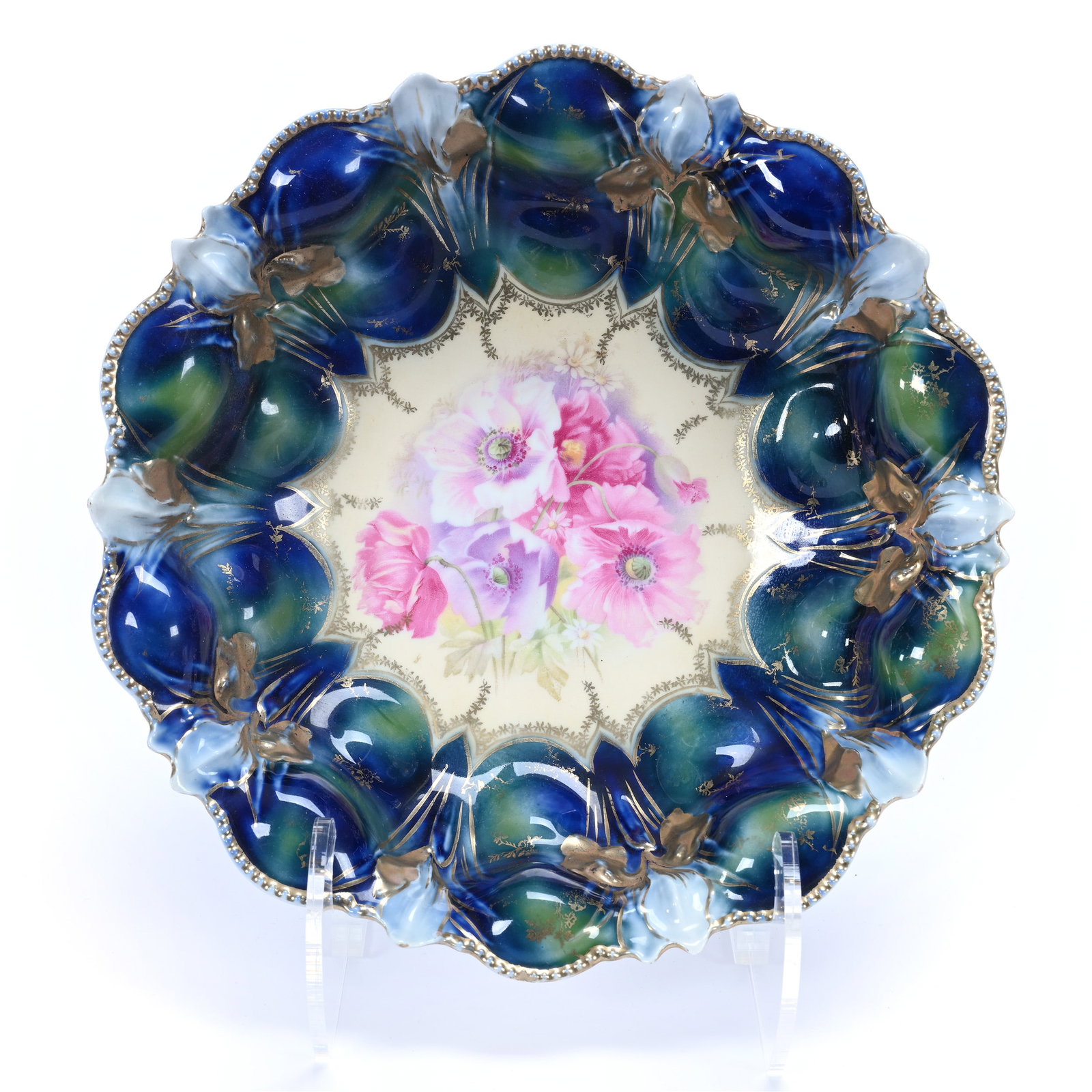 Bowl, Marked Wheelock Prussia, Iris Mold, Cream Center With Poppy Decor, Cobalt Blue And Green: Bowl, Marked Wheelock Prussia, Iris Mold, Cream Center With Poppy Decor, Cobalt Blue And Green Border, 10.25", Private Missouri Collection.