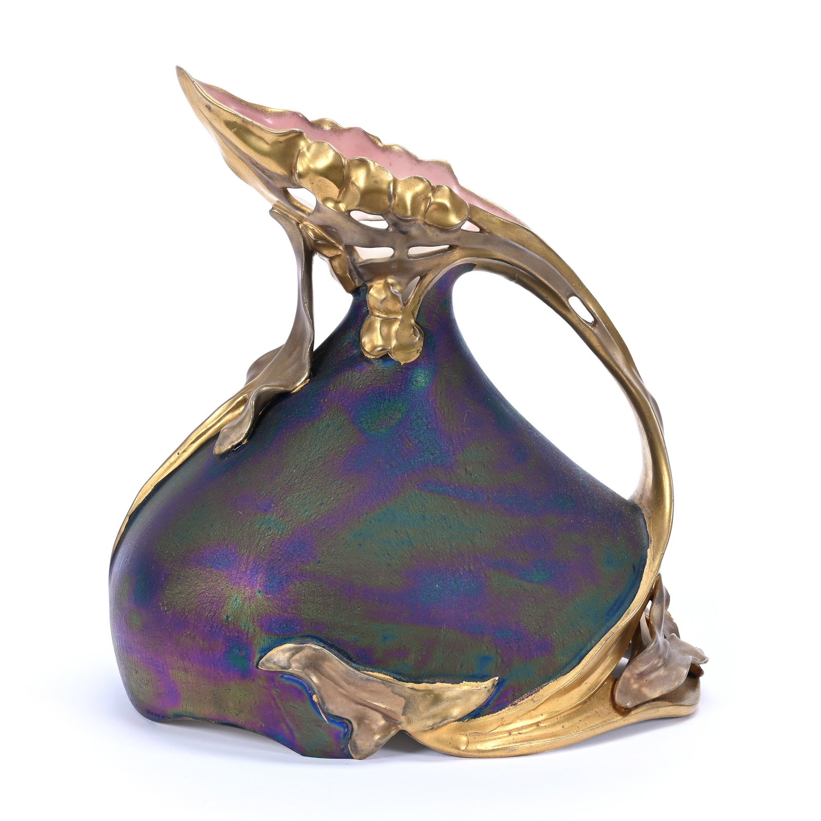Ewer, Marked Carlsbad Austria, Art Nouveau Form With Two Tone Gold And Iridescent Body: Ewer, Marked Carlsbad Austria, Art Nouveau Form With Two Tone Gold And Iridescent Body, 8.25" x 8" x 5.5", Private Missouri Collection.