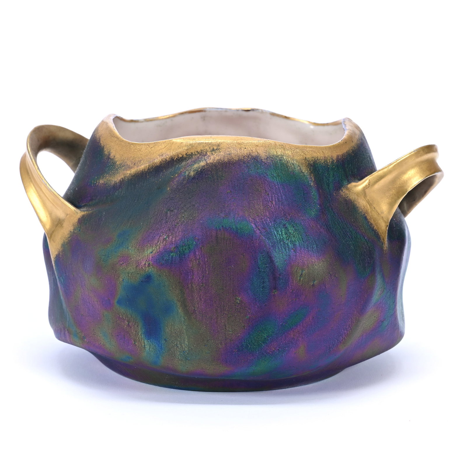 Two Handled Vase, Marked Carlsbad Austria, Iridescent Body With Gold Trim Highlights (1 of 3)