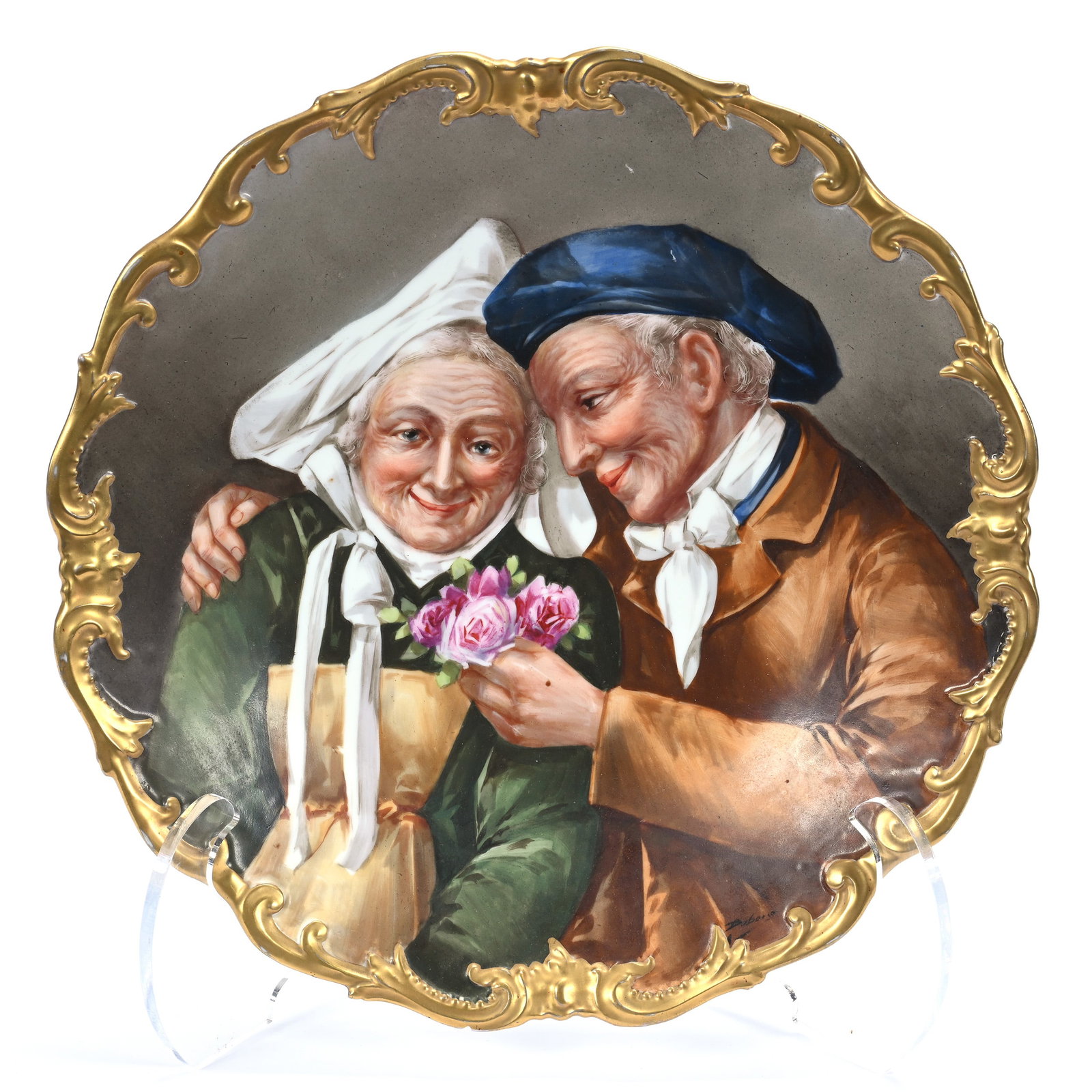 Charger, Marked LS&S Limoges Hand Painted Scene Titled "Les Noces D'or" (The Golden Wedding): Charger, Marked L.S.&S. Limoges Hand Painted Scene Titled "Les Noces D'or" (The Golden Wedding), 13.5", Artist Signed Dubois, Gold Trim, Rim Chip, Private Missouri Collection.