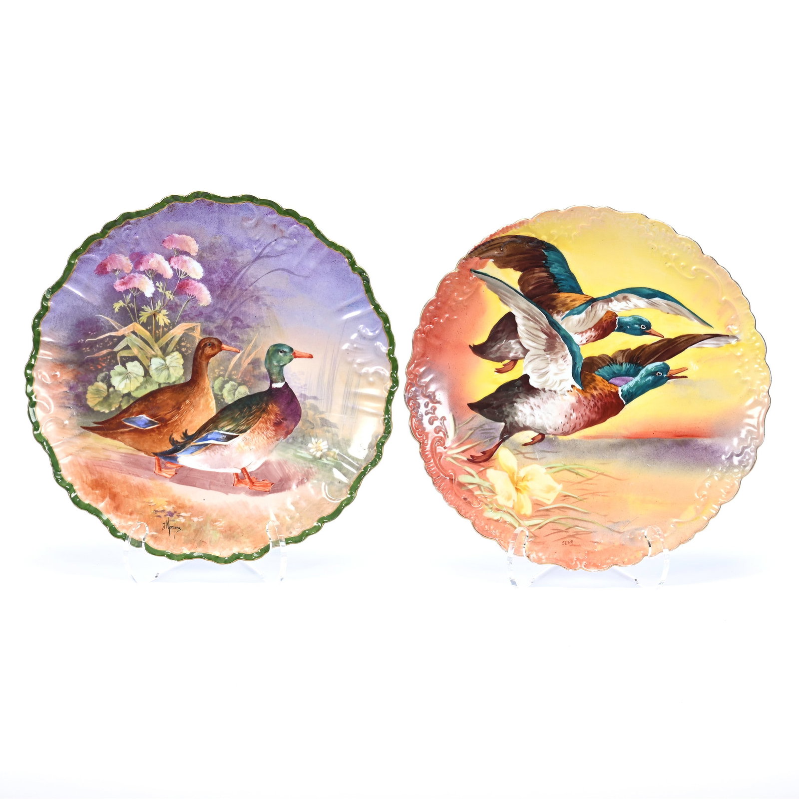 (2) Chargers, Marked B&H Limoges Hand Painted Duck Scenic Decor, Artist Signed (1 of 5)