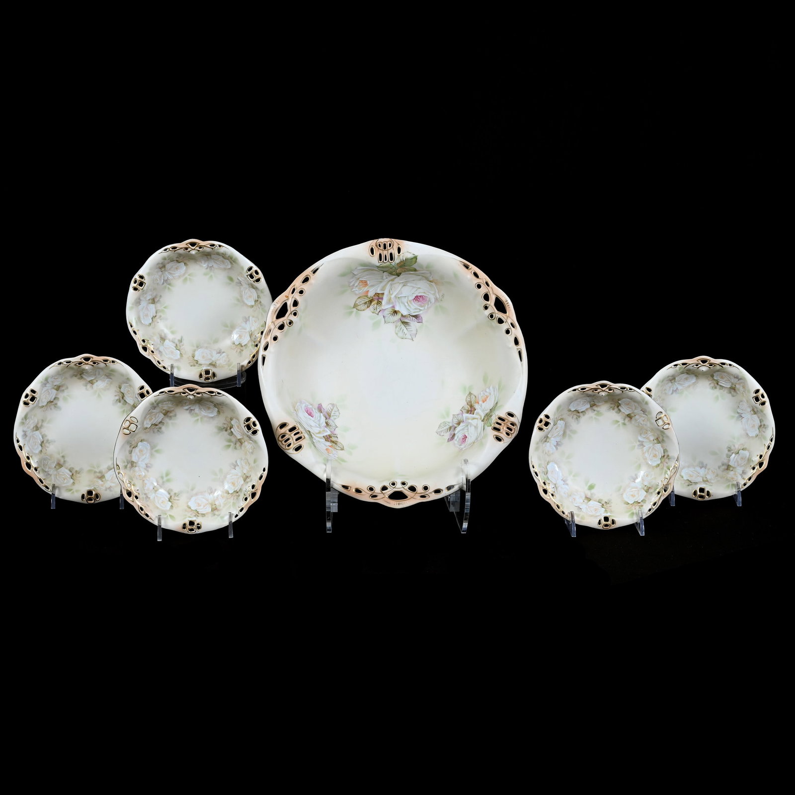Berry Set, Royal Bayreuth (Blue Mark) Hand Painted Ivory With White Rose Decor: Berry Set, Royal Bayreuth (Blue Mark) Hand Painted Ivory With White Rose Decor, (1) 10.5" Master Bowl With (5) 5.5" Berry Bowls, Private Missouri Collection.