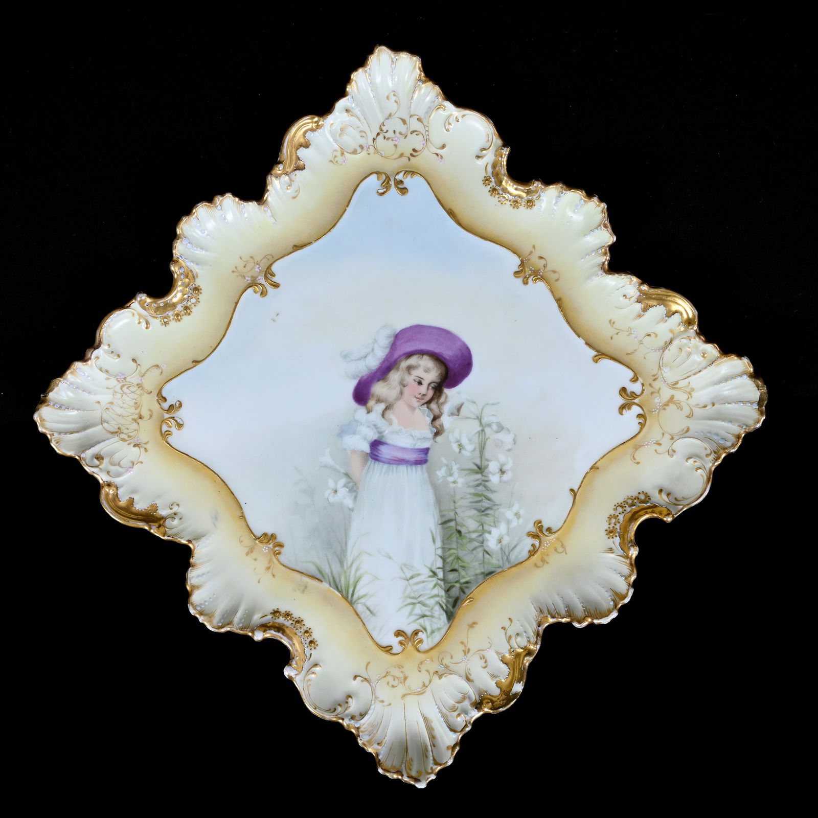 Square Serving Tray, Marked CFH/GDM Limoges Hand Painted Scene Of Young Girl In Floral Field (1 of 8)