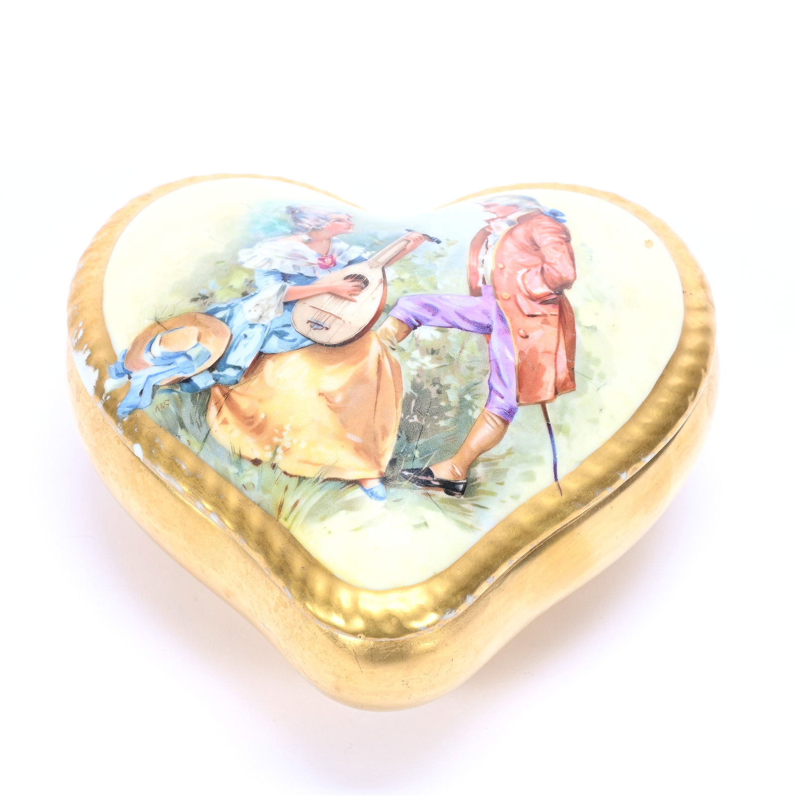 Heart Shaped Covered Box, Marked T&V Limoges Hand Painted Classical Courting Scene (1 of 3)