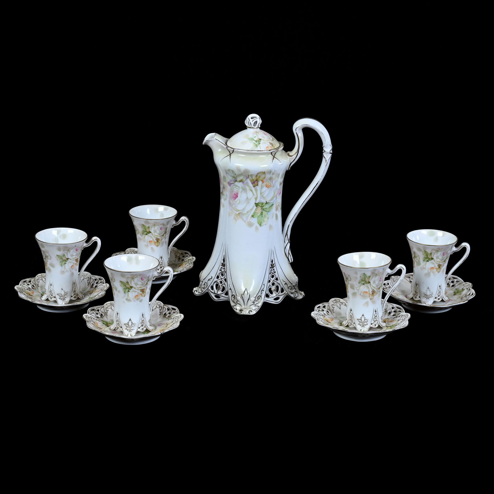 Chocolate Set, Royal Bayreuth Blue Mark, White And Green Luster, White Rose Decor (1 of 3)