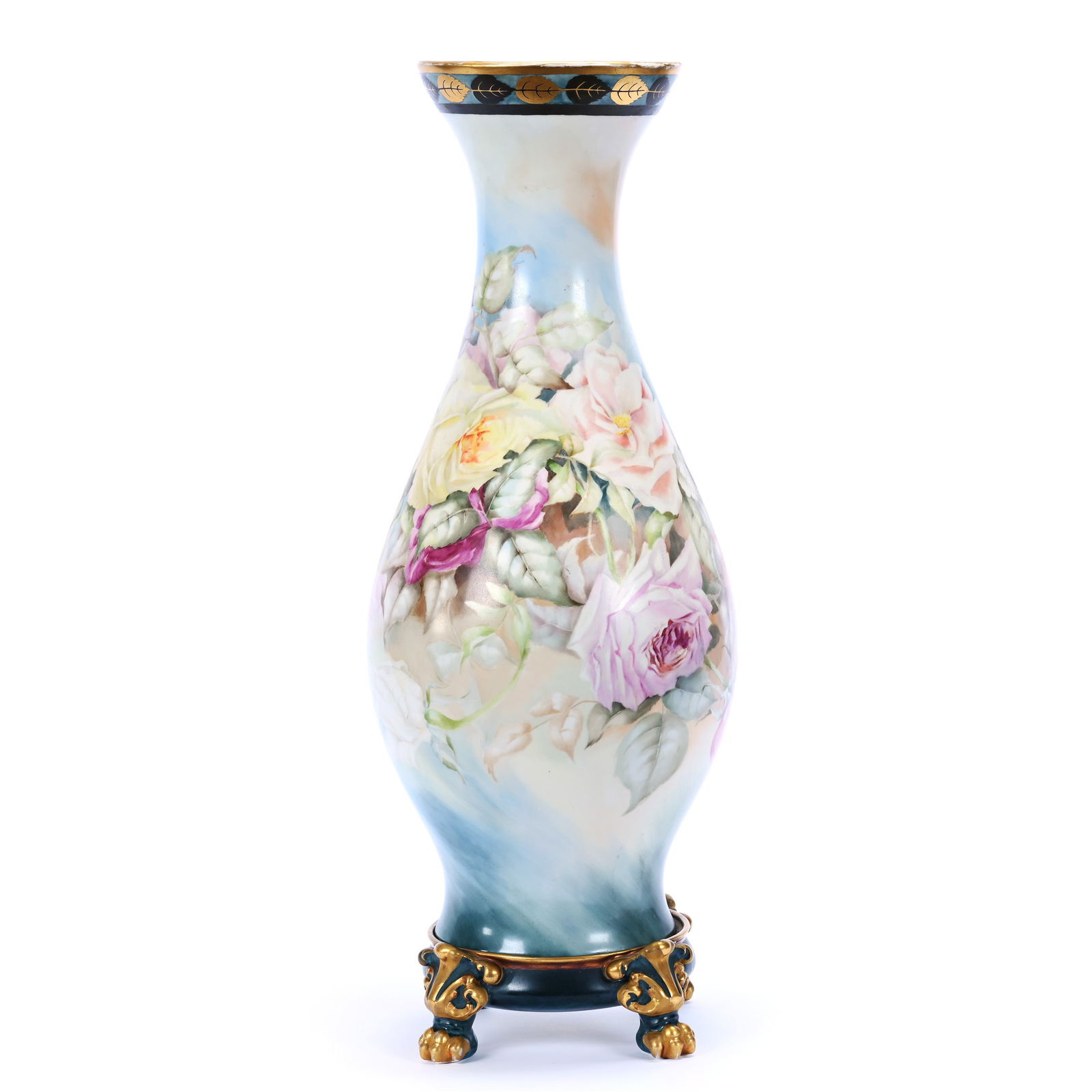 Pedestal Vase Marked J.P. Limoges, Blue And Cream Tones, Rose Decor (1 of 3)