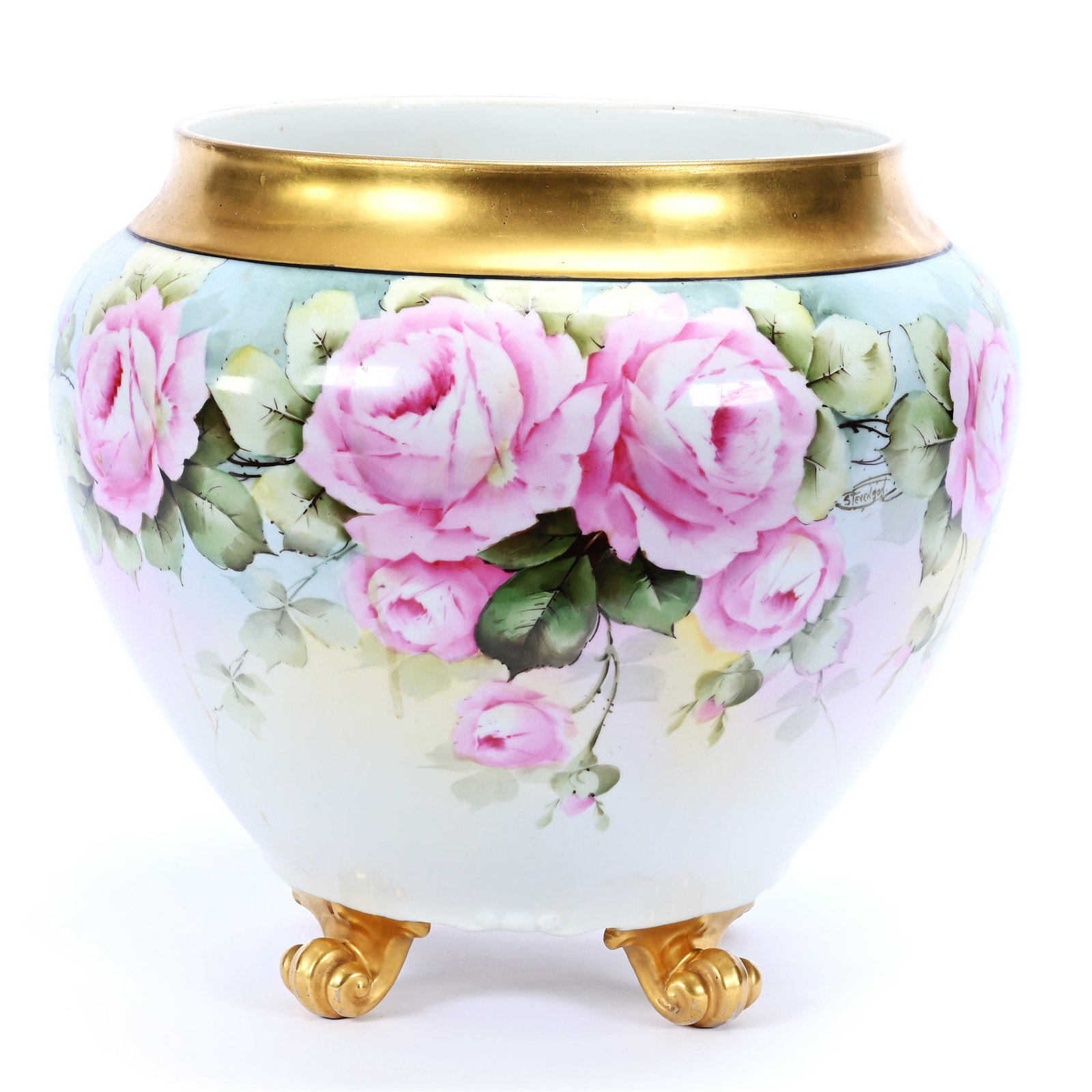 Footed Jardiniere Marked D And Company, Pastel Yellow And Blue Tones, Pink Rose Decor (1 of 4)