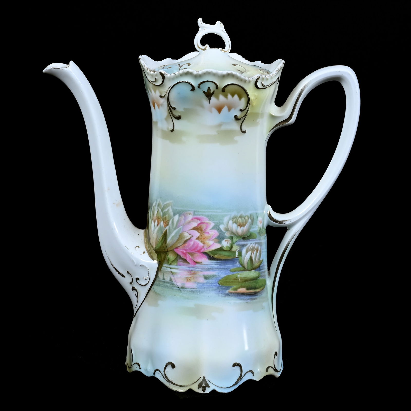 Coffee Pot Marked R.S. Prussia, Green, Blue And White Tones, Waterlily Decor (1 of 3)