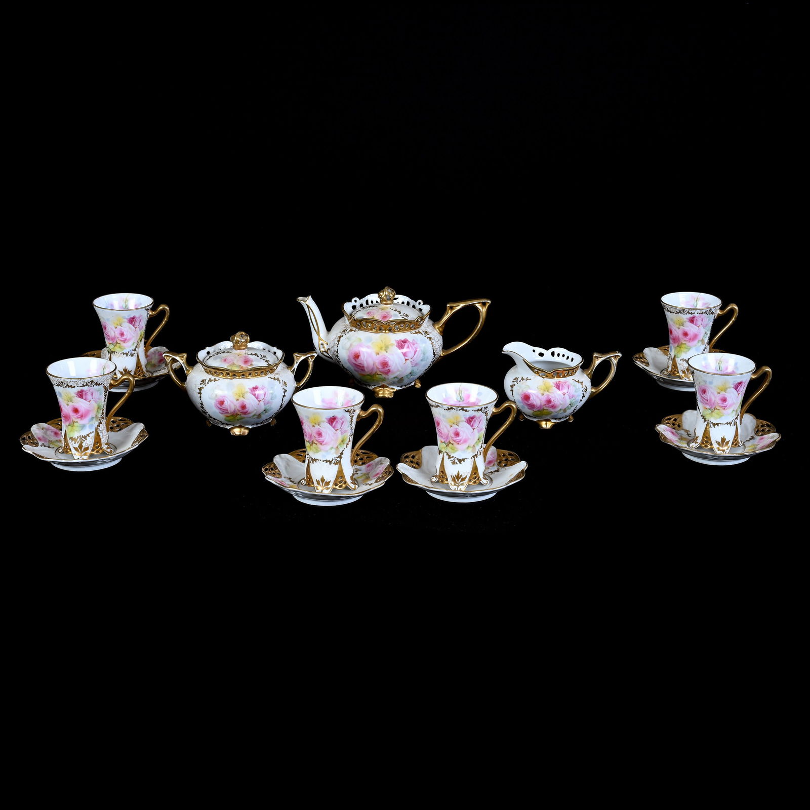 Tea Set, Nine Piece, Royal Bayreuth Blue Mark, White With Colorful Rose Decor, Heavy Gold Trim (1 of 3)