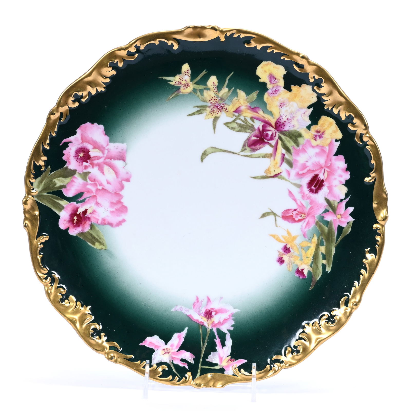 Platter Marked T&V Limoges, Green And White, Orchid Decor, Heavy Gold Trim (1 of 2)