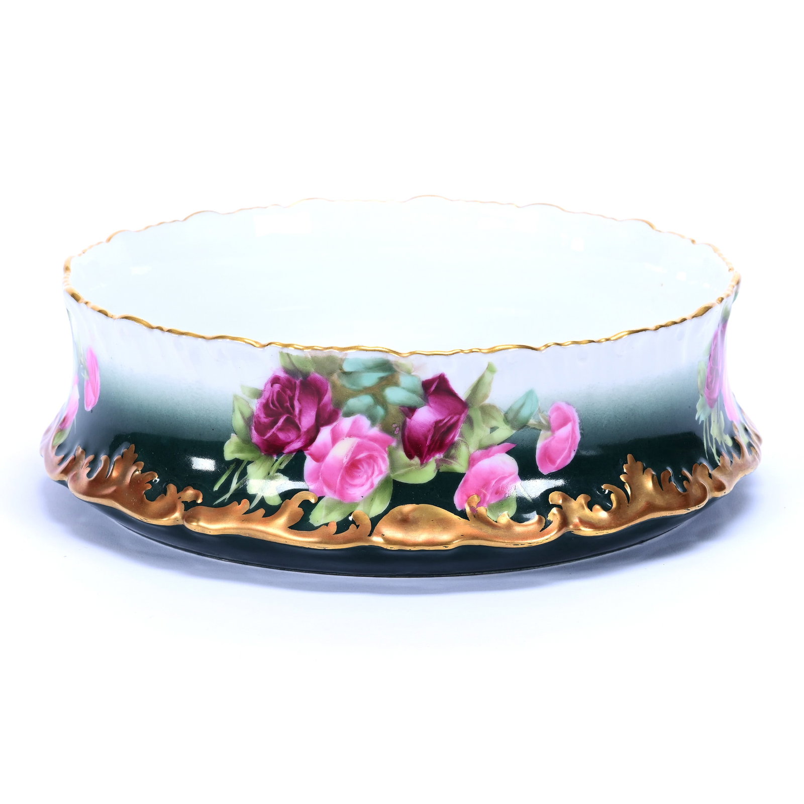 Bowl Marked T&V Limoges, Green And White, Pink Rose Decor: Bowl Marked T & V Limoges, Green And White, Pink Rose Decor, 3" x 10.5", Gold Trim Highlights, Private Missouri Collection.