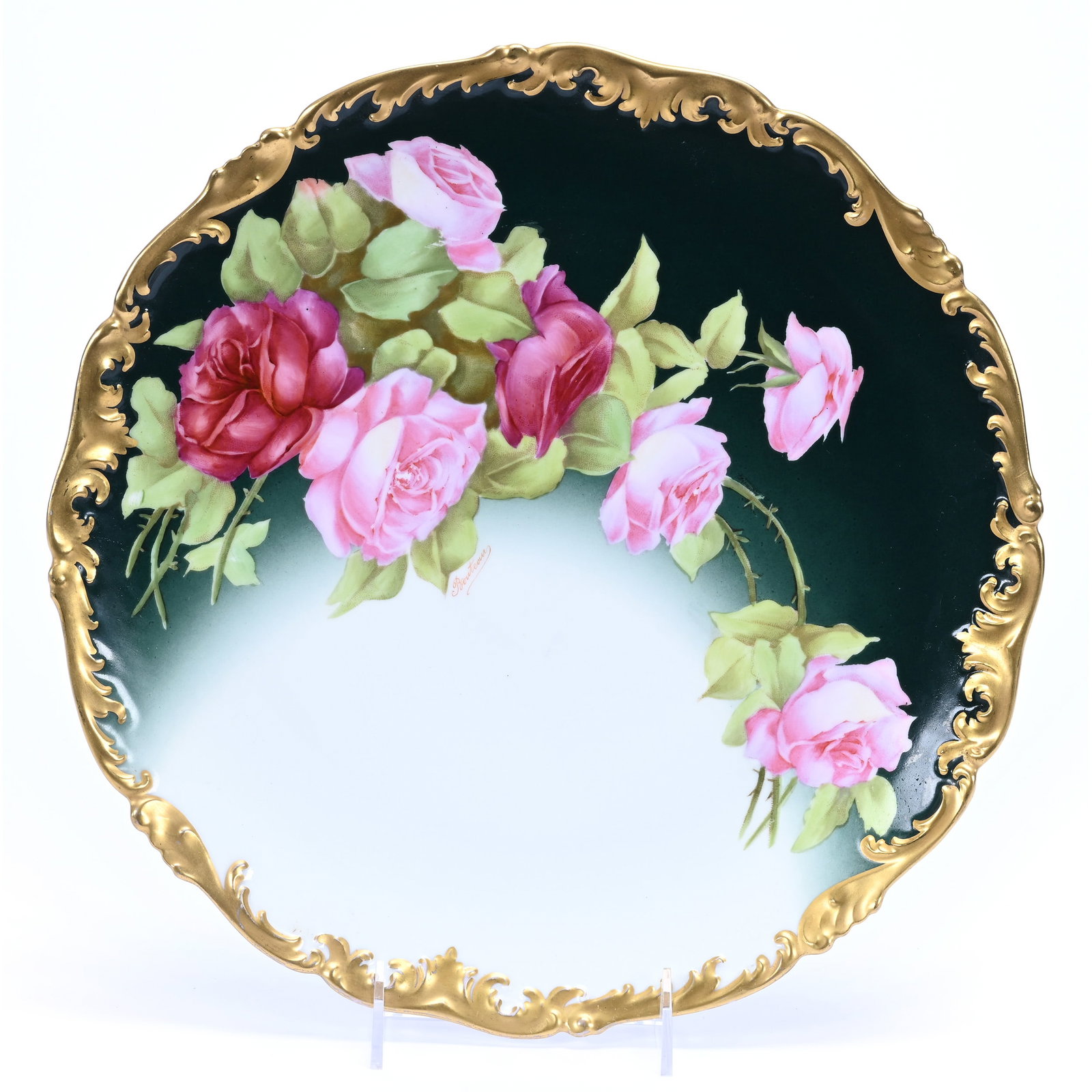 Charger Marked T&V Limoges, Green And White, Pink Rose Decor, Heavy Gold Trim (1 of 3)