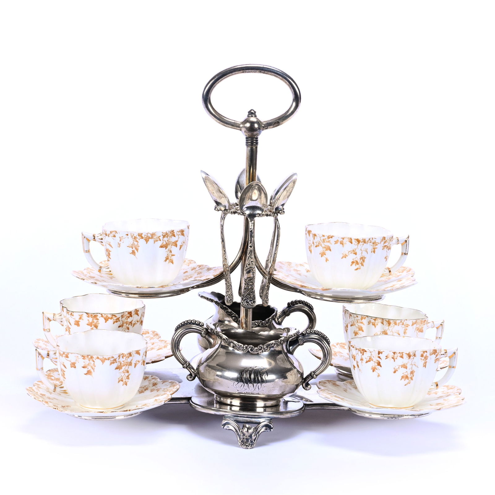Tea Cup Service, Tufts #1808 Silverplate Frame Holding Six Cups And Saucers Marked England (1 of 10)