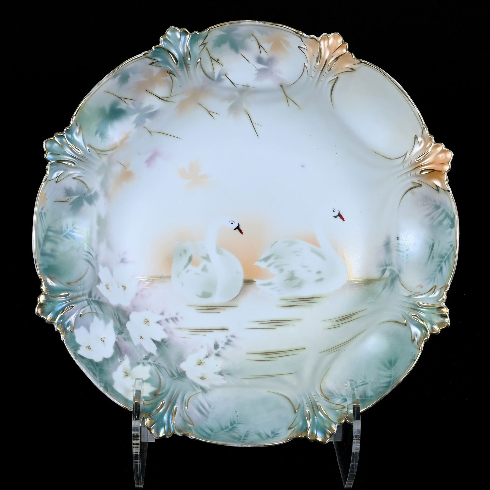 Bowl Marked R.S. Prussia, White And Green Satin, Stylized Swan Decor (1 of 2)