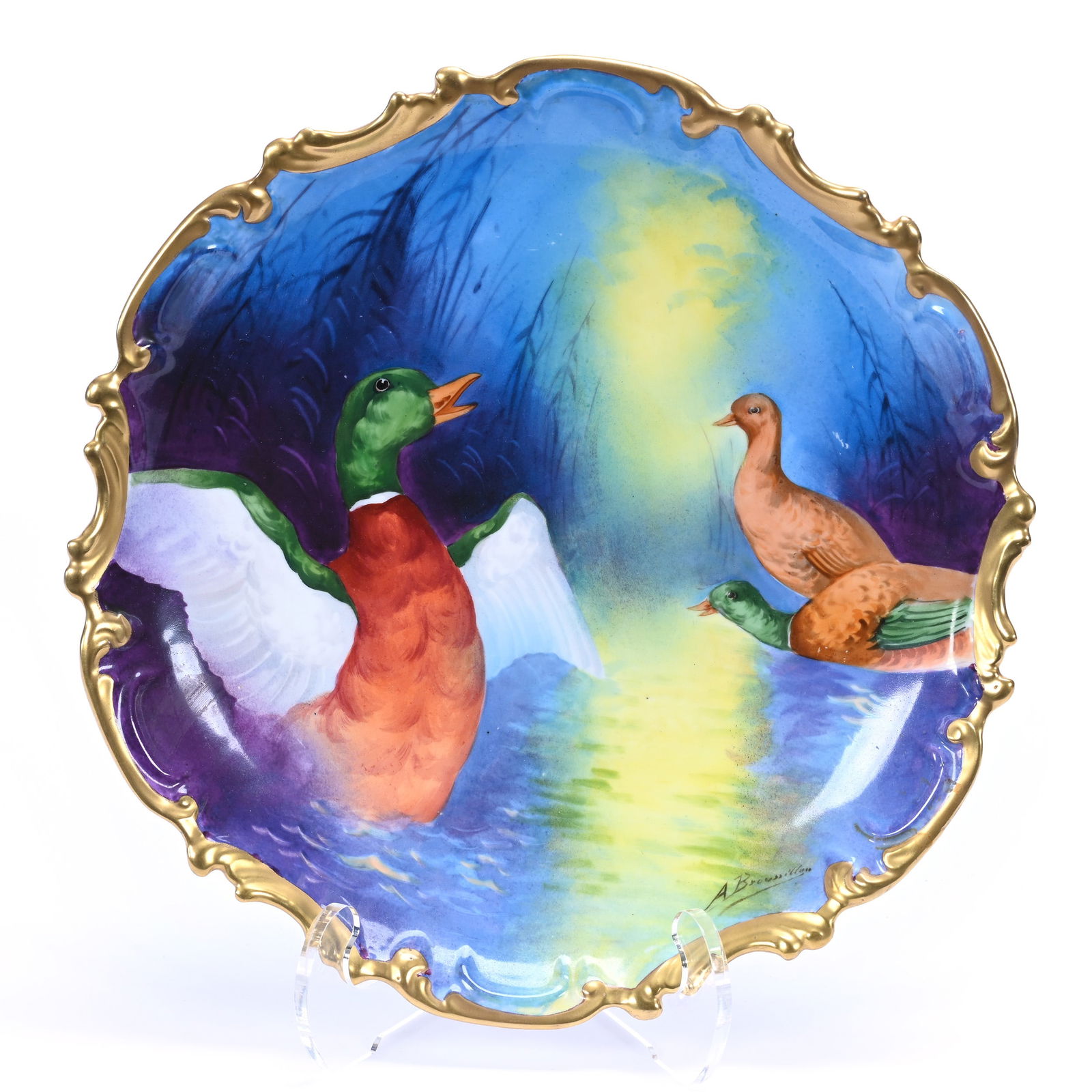 Charger Marked Coronet Limoges, Night Scene Duck Decor, Artist Signed (1 of 3)