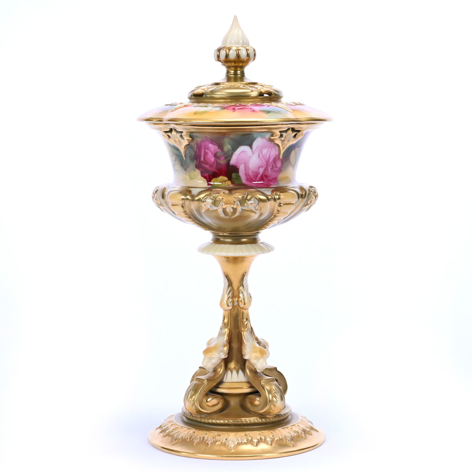 Pedestal Covered Potpourri Marked Royal Worcester, Cream Tones, Pink Rose Decor (1 of 5)