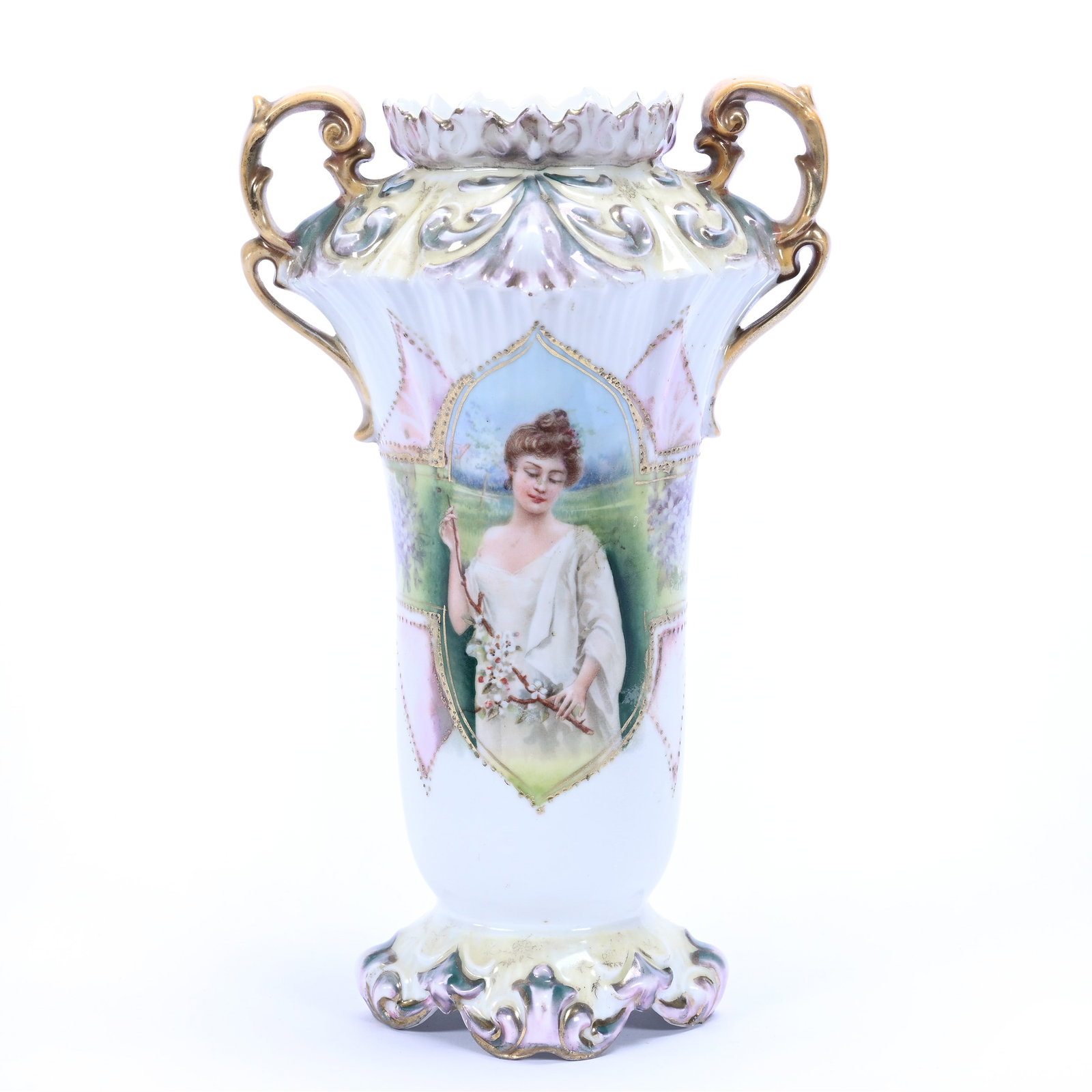 Vase, Two Handles, Marked R.S. Prussia, Spring Season Portrait Decor, Fleur De Lys Mold (1 of 5)