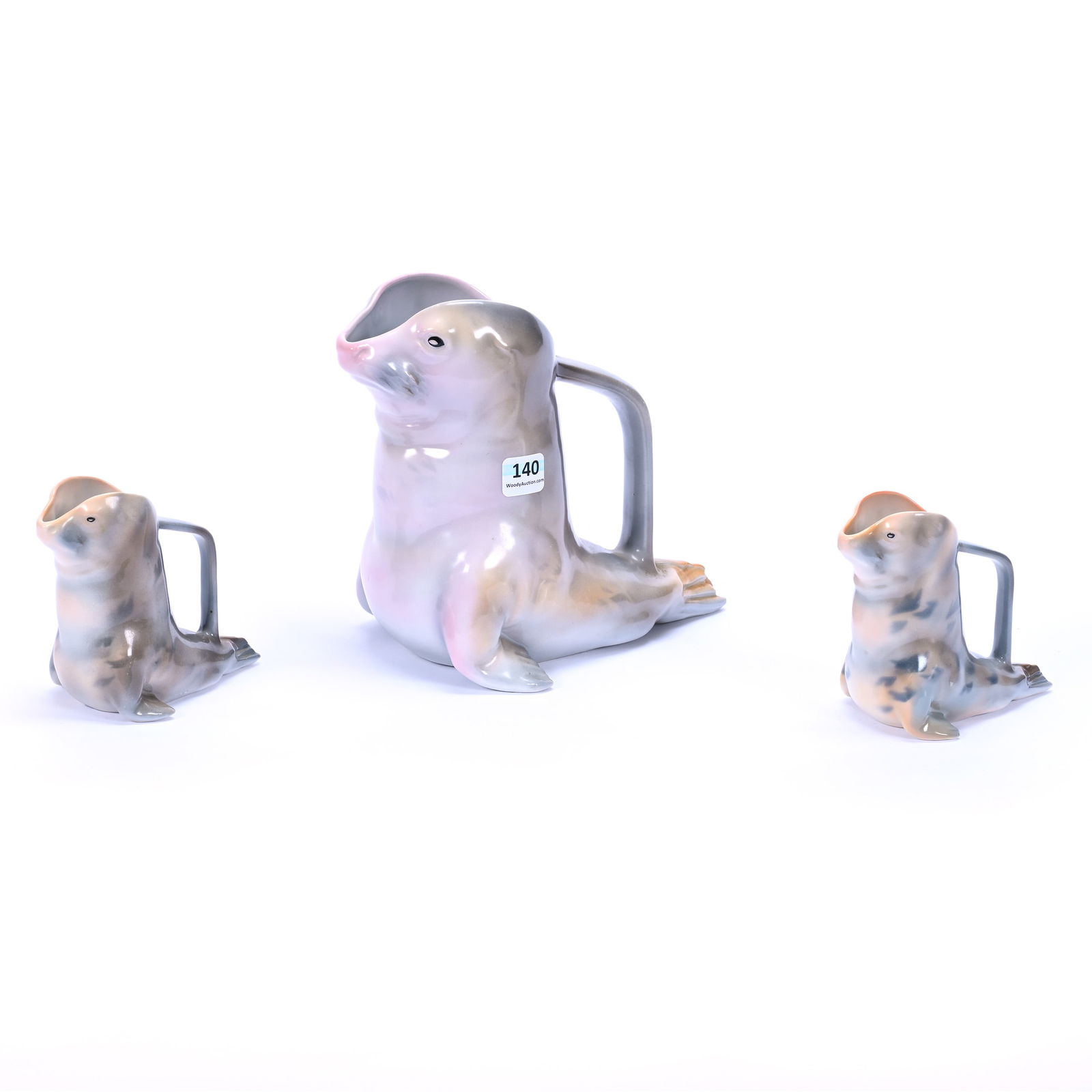 (3) Figural Pitchers, Royal Bayreuth Blue Mark, Gray Seals: (3) Figural Pitchers, Royal Bayreuth Blue Mark, Gray Seals, (1) 7" x 8" Water Pitcher, (2) 4" x 5" Creamers, Private Missouri Collection.