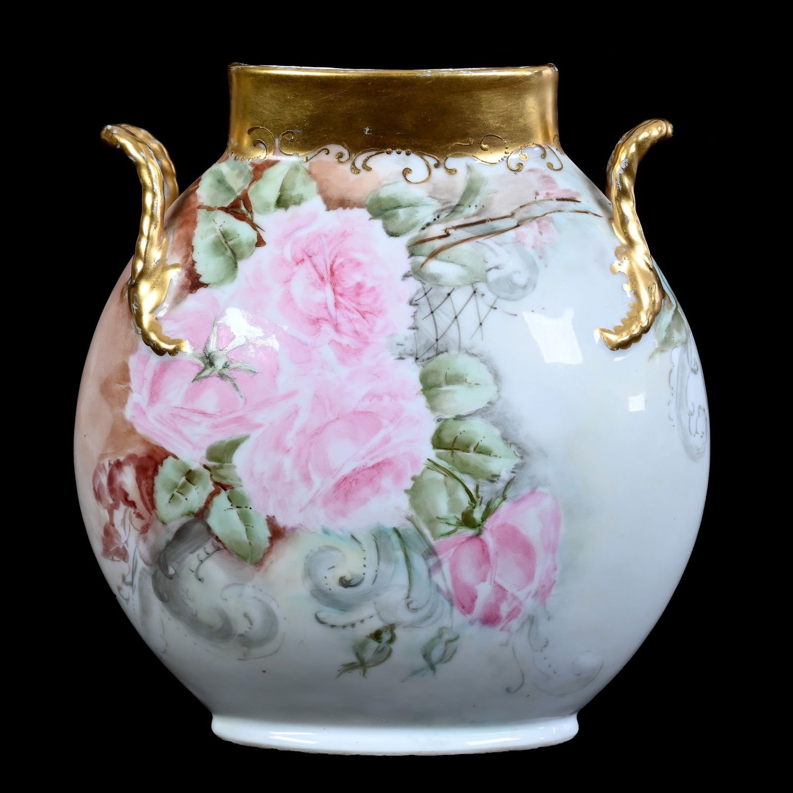 Vase, Two Handles, Marked J. P. Limoges, Hand Painted Pink Rose Decor (1 of 3)