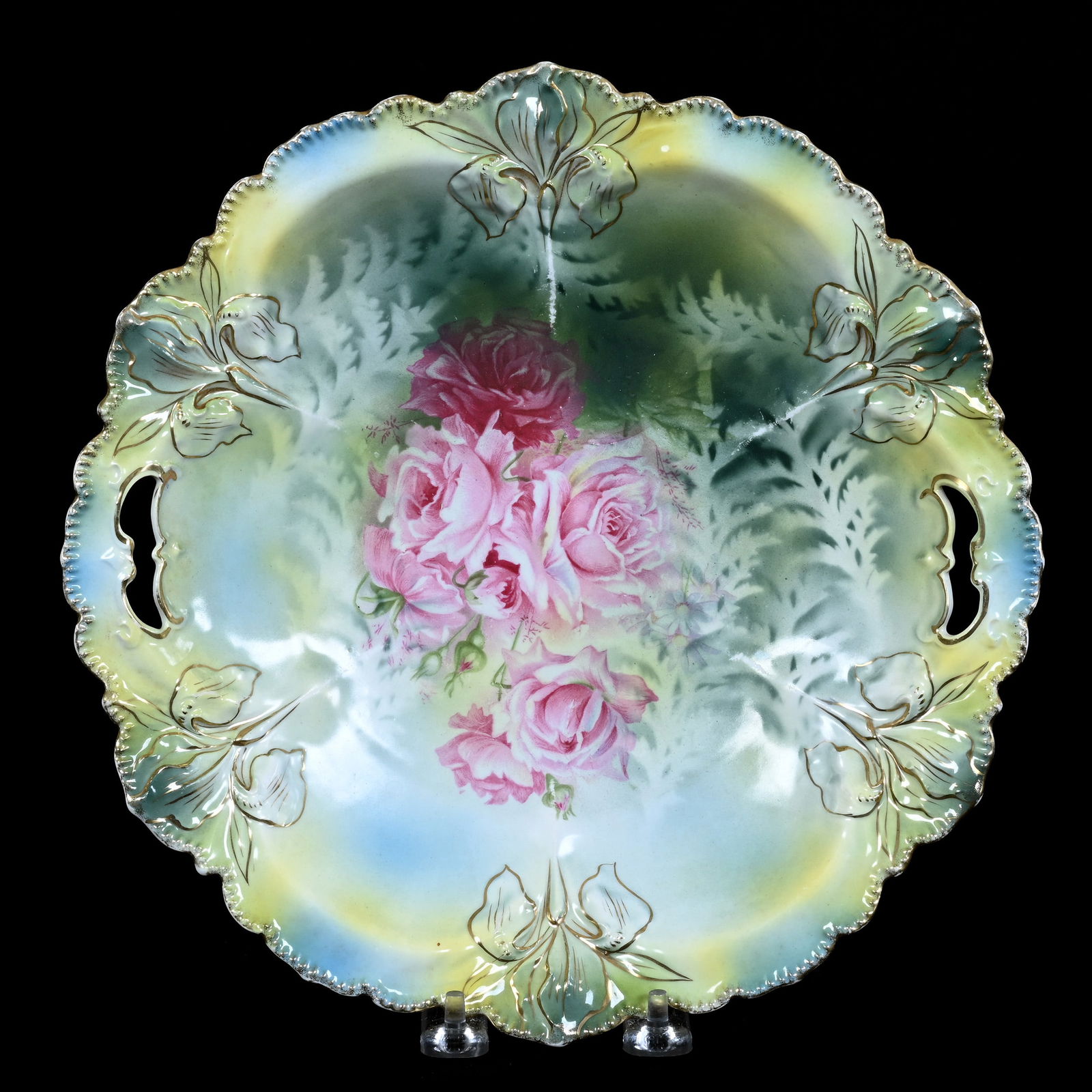 Cake Plate Marked R.S. Prussia, Iris Mold, Pink Rose Decor (1 of 2)