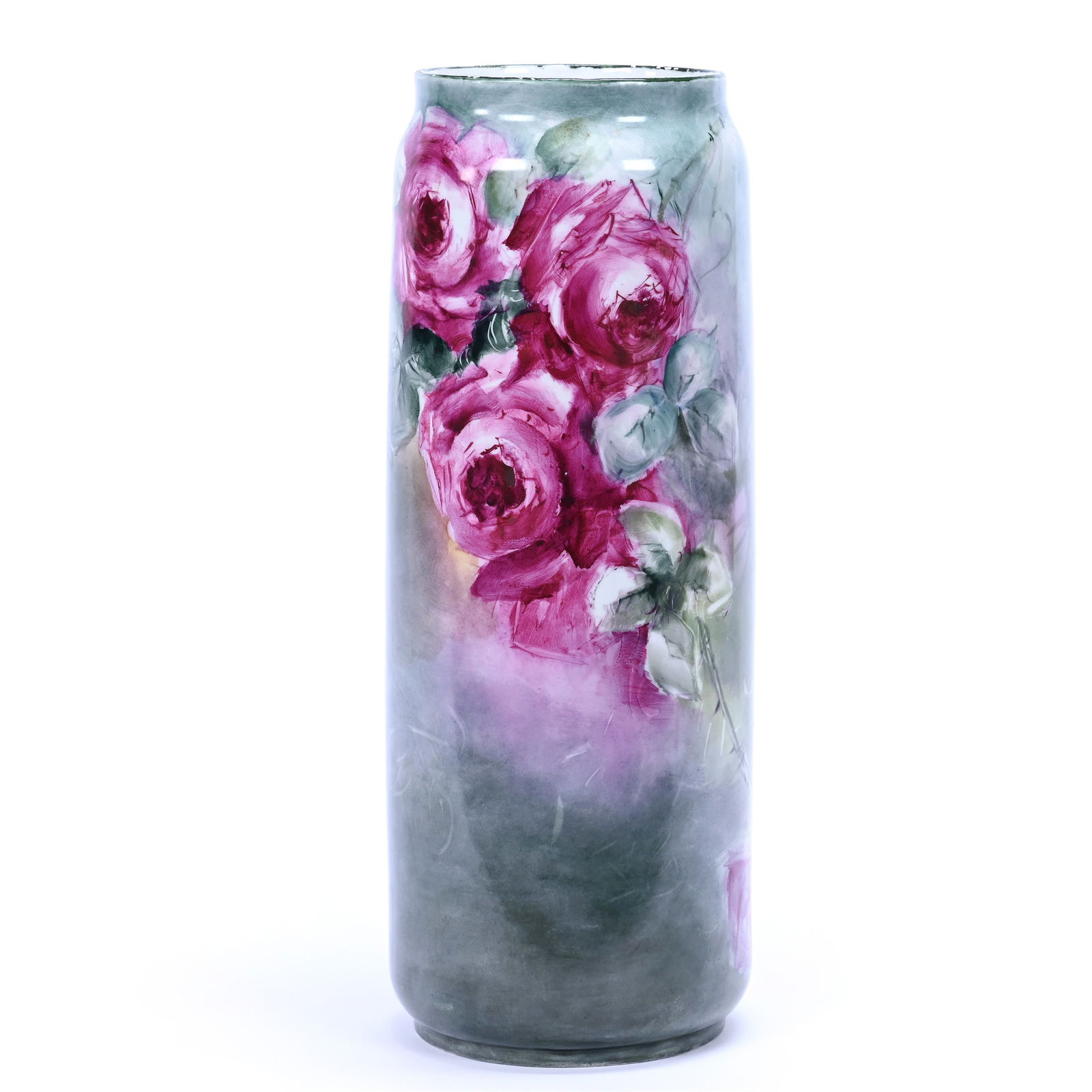 Cylinder Vase Marked B And C Limoges, Gray, Green And Pink Tones, Pink Rose Decor (1 of 4)