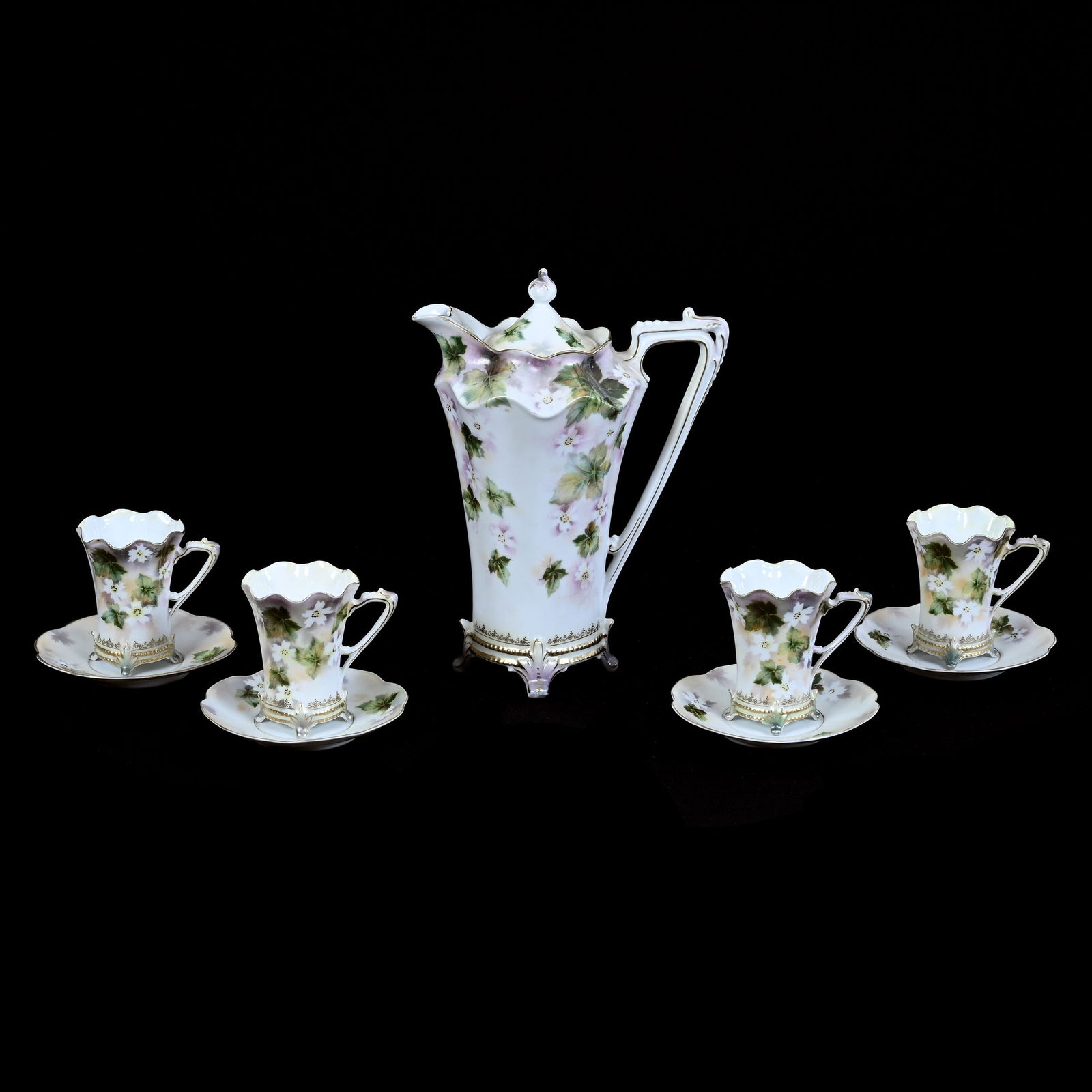 Chocolate Set, Unmarked R.S. Prussia, White Satin Finish, Green Leaf And White Blossom Decor (1 of 4)