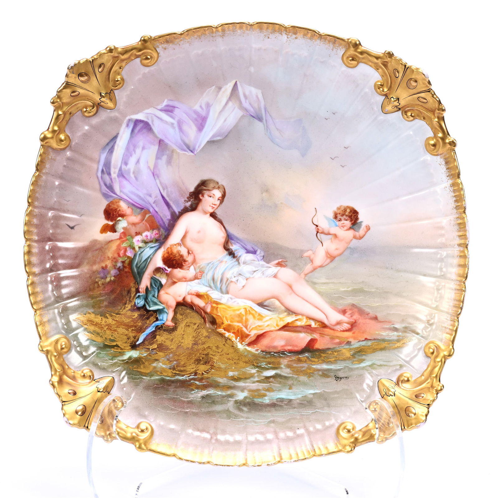 Square Charger Marked J. P. Limoges, Beautiful Hand Painted Scene Of Woman Near Sea Shore (1 of 3)