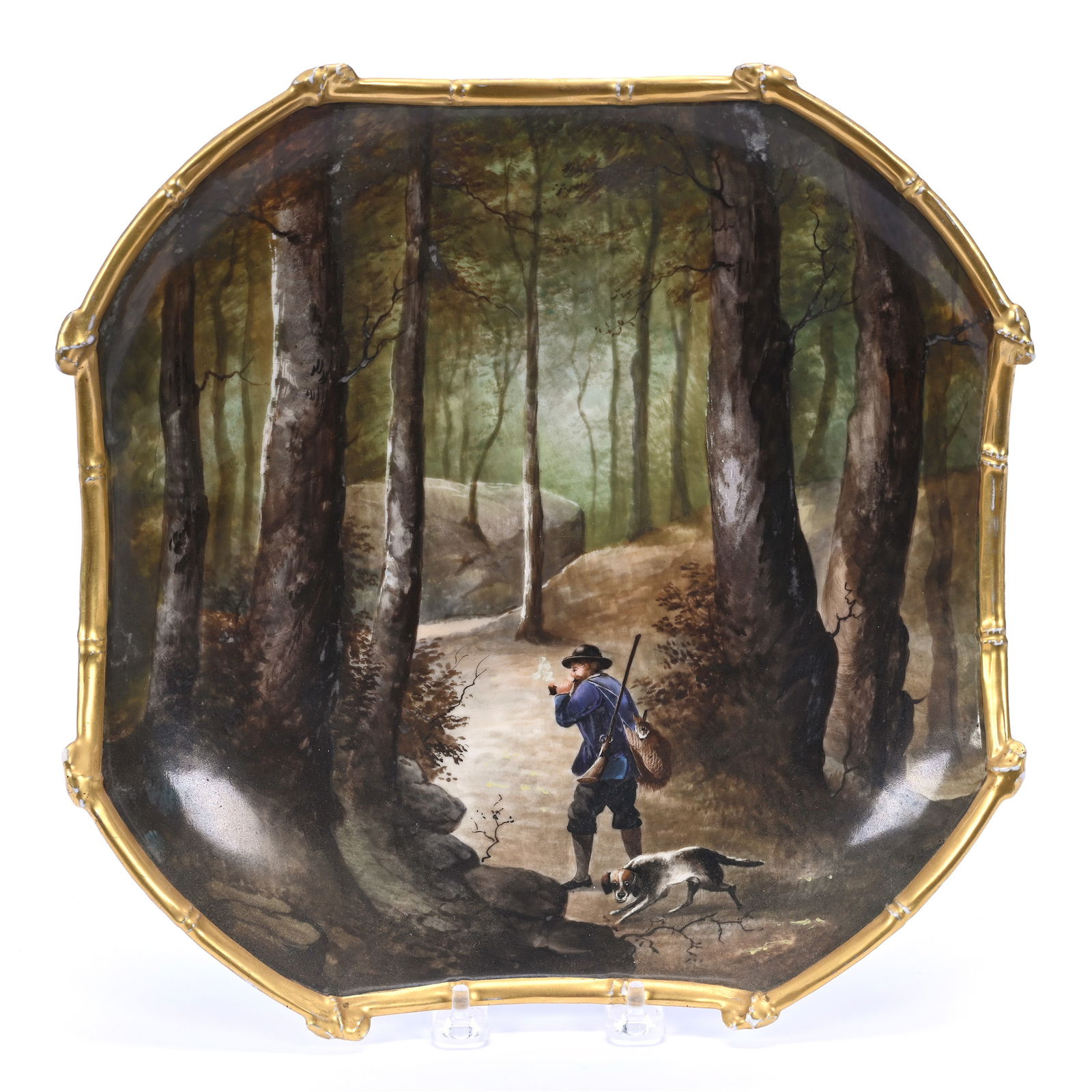Square Charger, Unmarked Limoges Style, Hand Painted Scene Of Hunter And Dog In Forest (1 of 4)