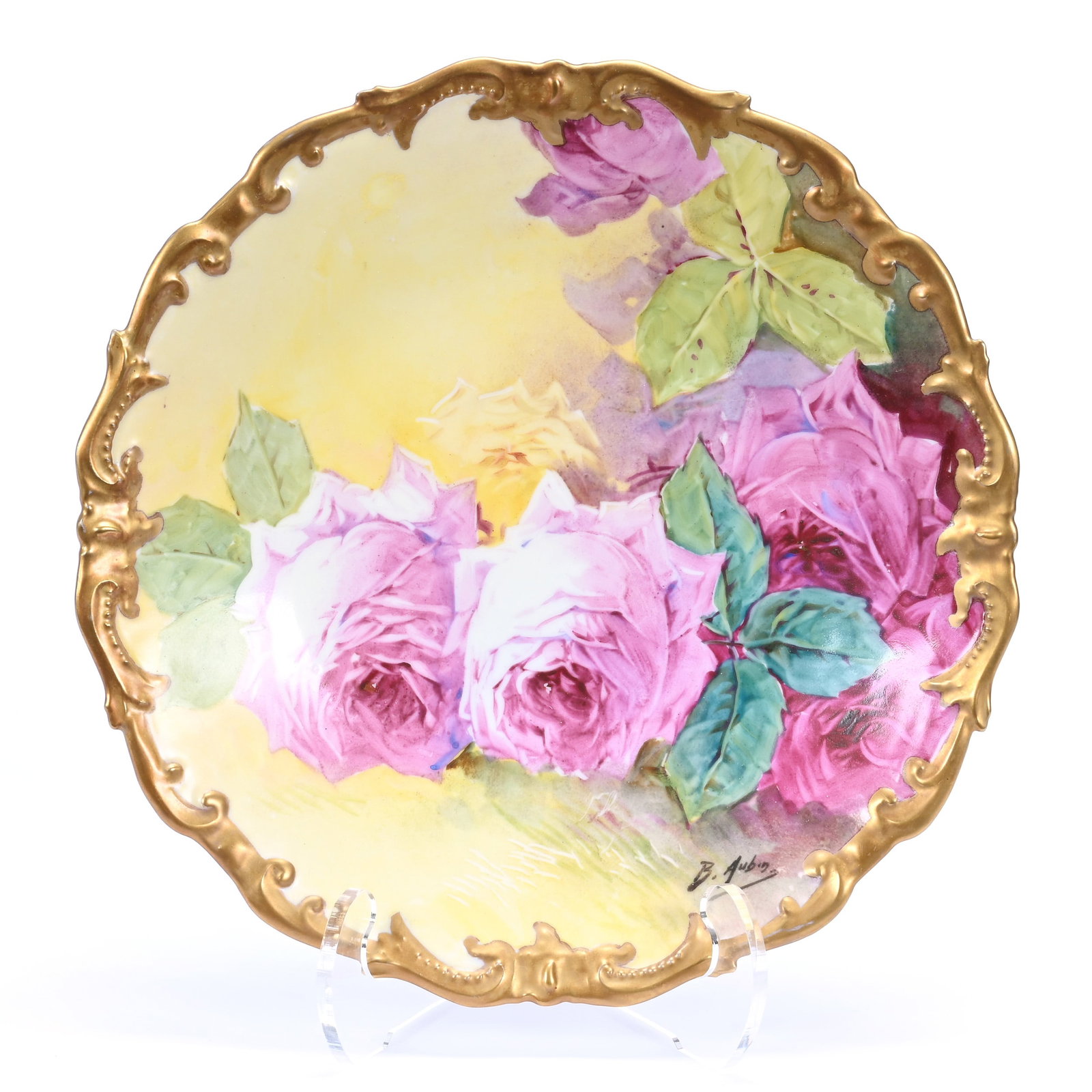 Charger Marked Imperial Limoges, Yellow With Hand Painted Pink Rose Decor: Charger Marked Imperial Limoges, Yellow With Hand Painted Pink Rose Decor, 12.5", Artist Signed, Heavy Gold Trim, Private Missouri Collection.